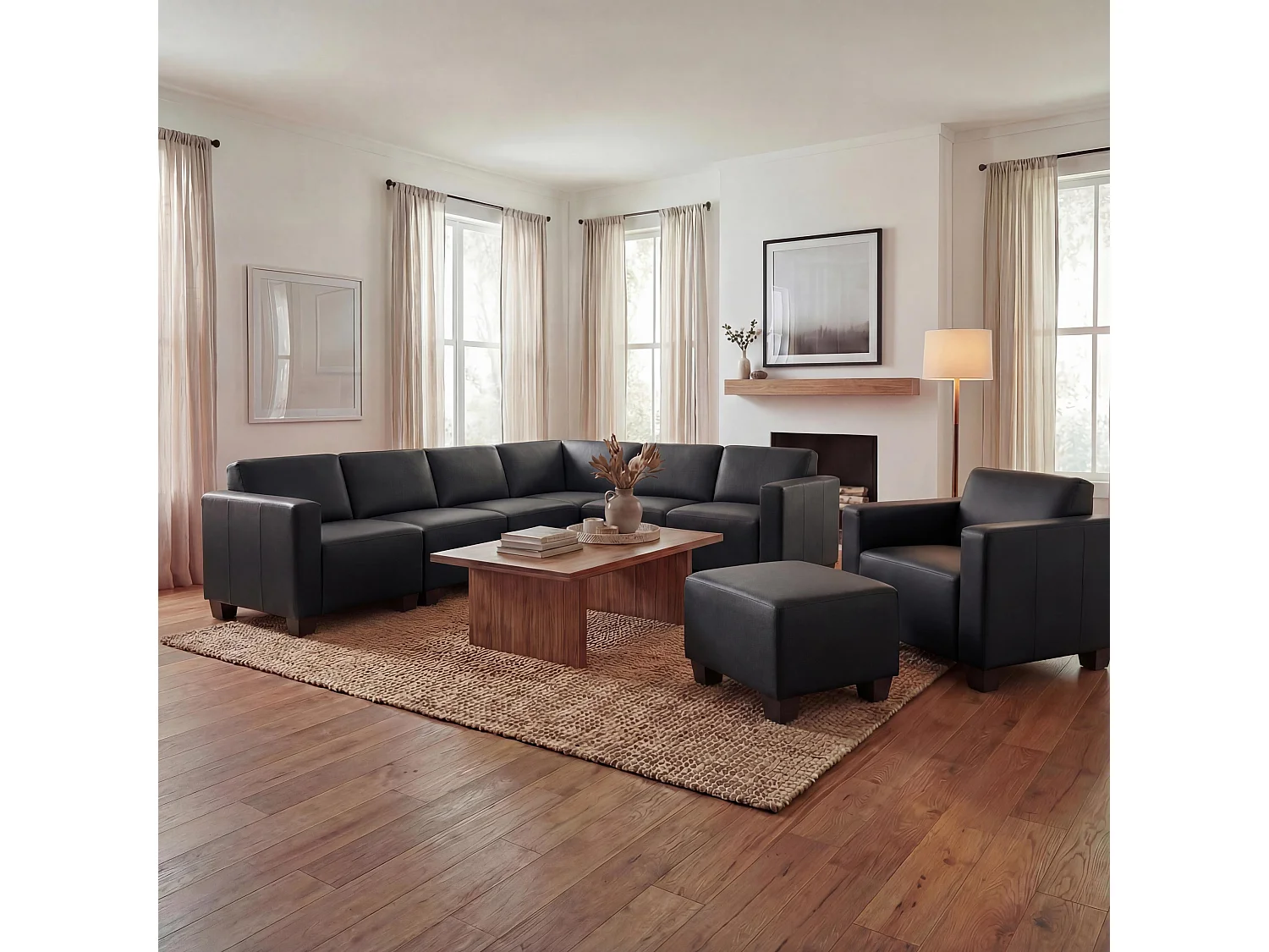 Salotto modulare componibile lounge moderno Lione N71 ecopelle combinazione 6-2 ~ nero