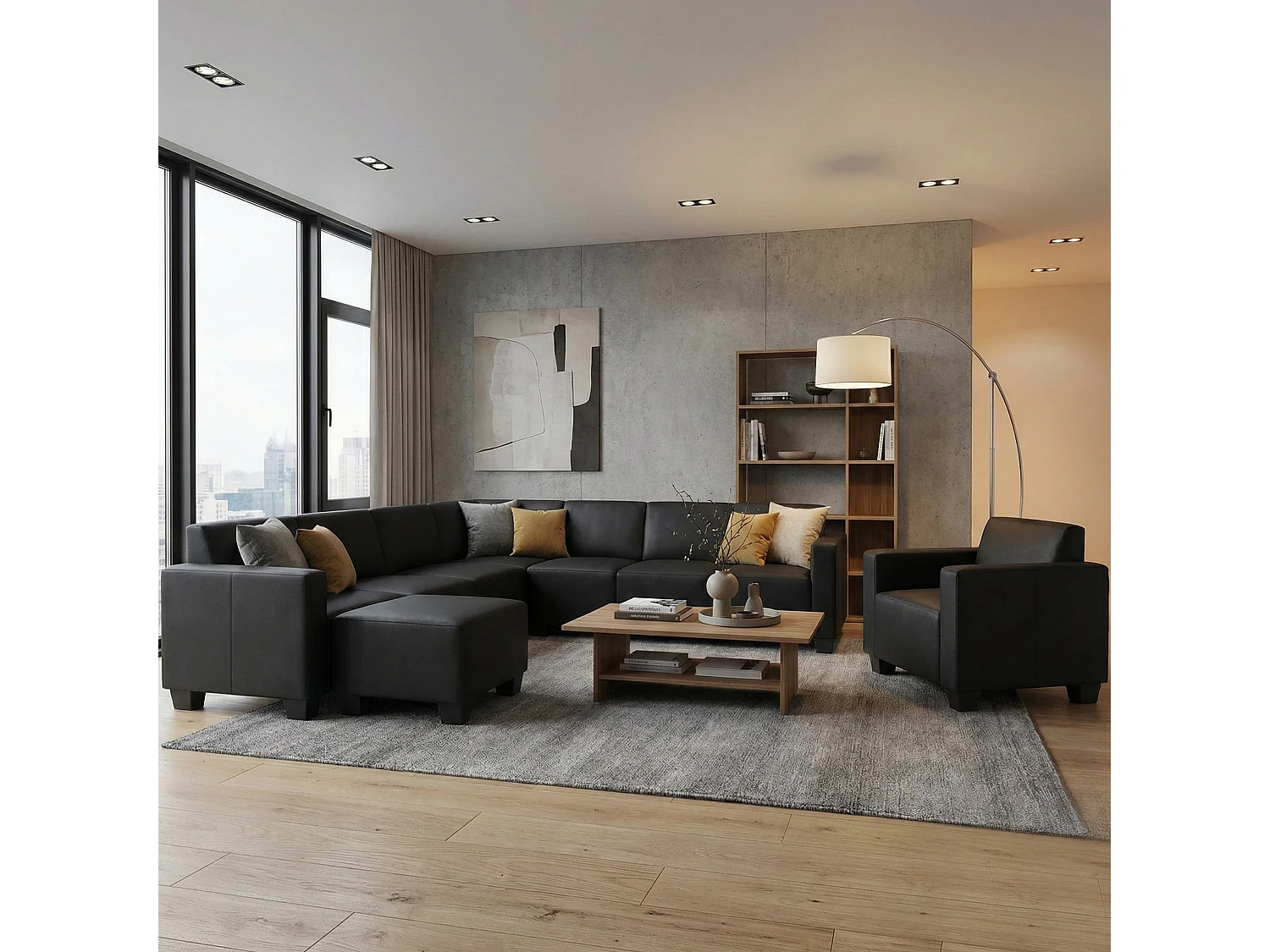 Salotto modulare componibile lounge moderno Lione N71 ecopelle combinazione 6-2 ~ nero