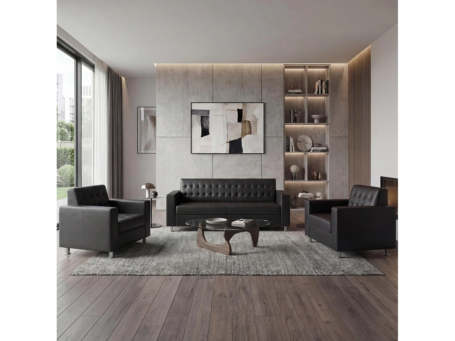 Salotto componibile club elegante Kunda T760 design moderno ecopelle composizione 3-1-1 ~ nero