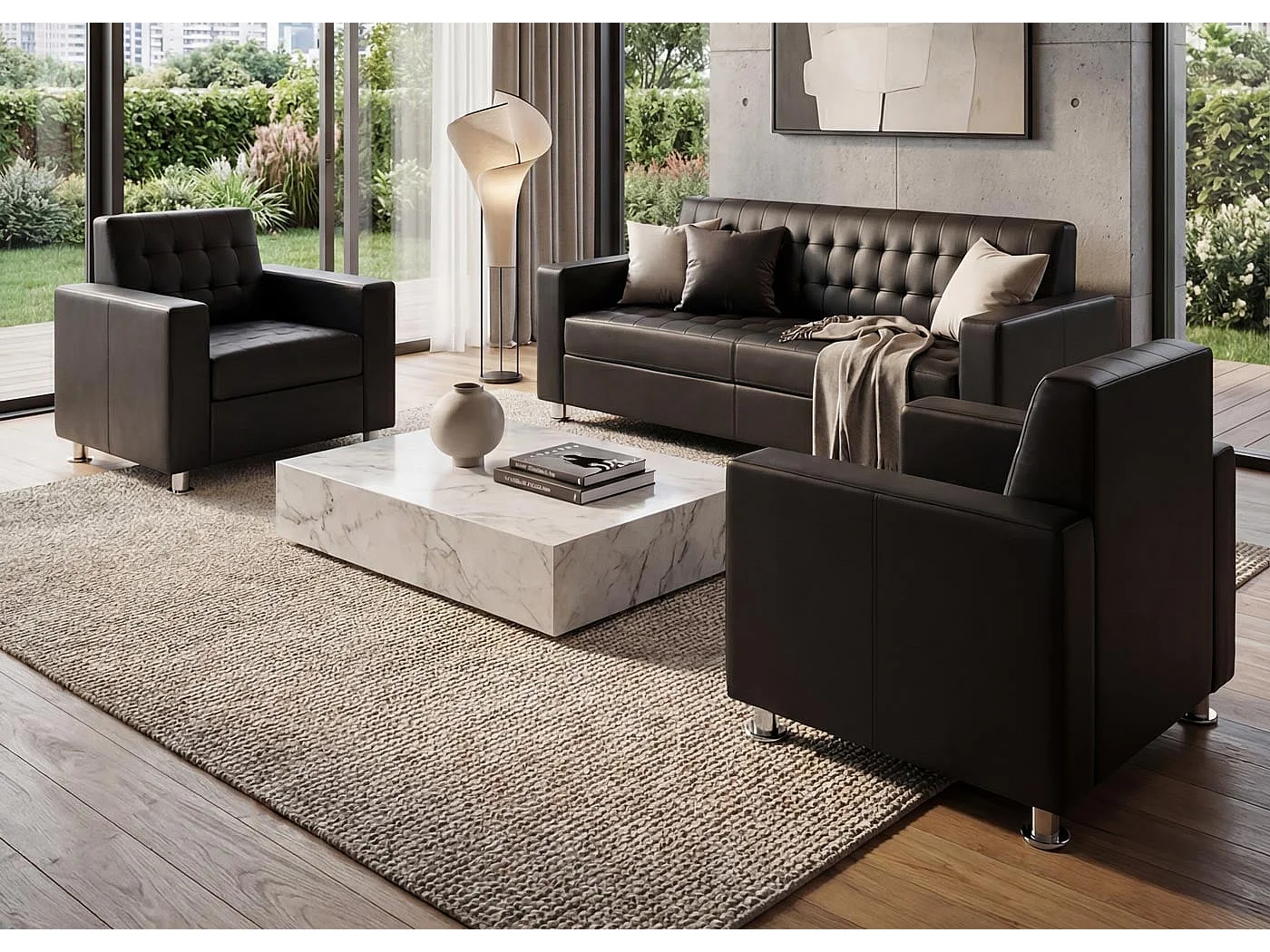 Salotto componibile club elegante Kunda T760 design moderno ecopelle composizione 3-1-1 ~ nero