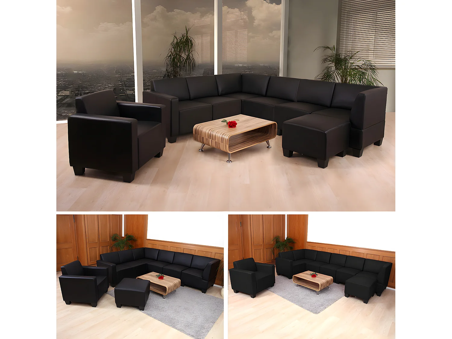 Salotto modulare componibile lounge moderno Lione N71 ecopelle combinazione 6-1-1 nero