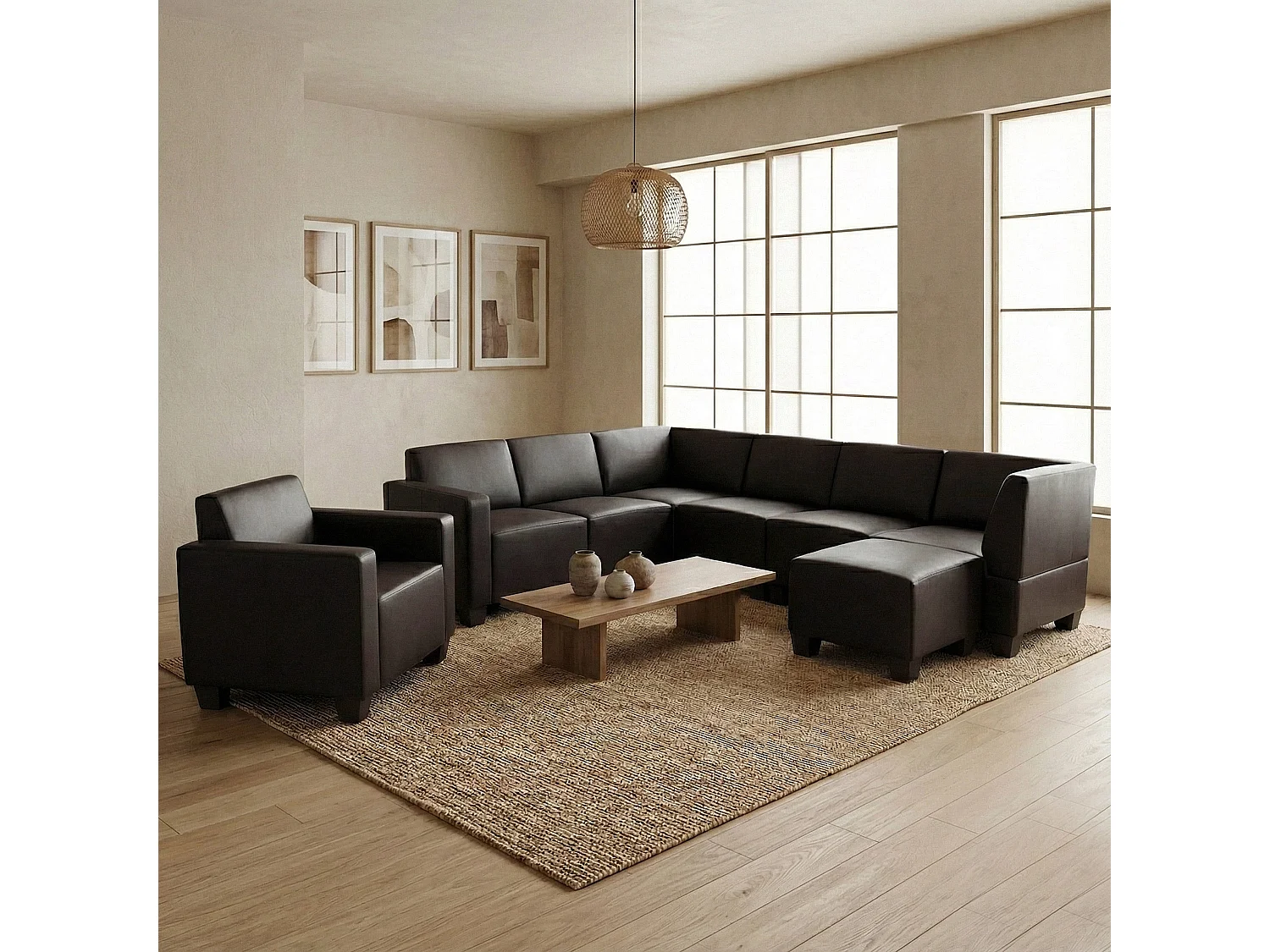 Salotto modulare componibile lounge moderno Lione N71 ecopelle combinazione 6-1-1 nero