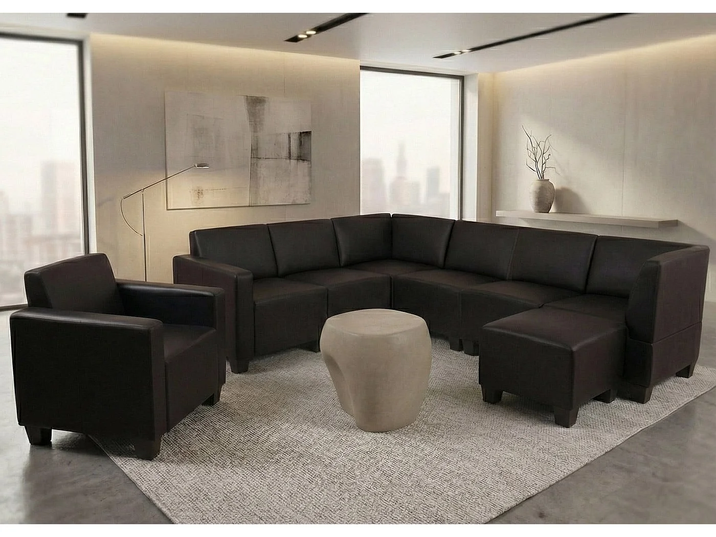 Salotto modulare componibile lounge moderno Lione N71 ecopelle combinazione 6-1-1 nero