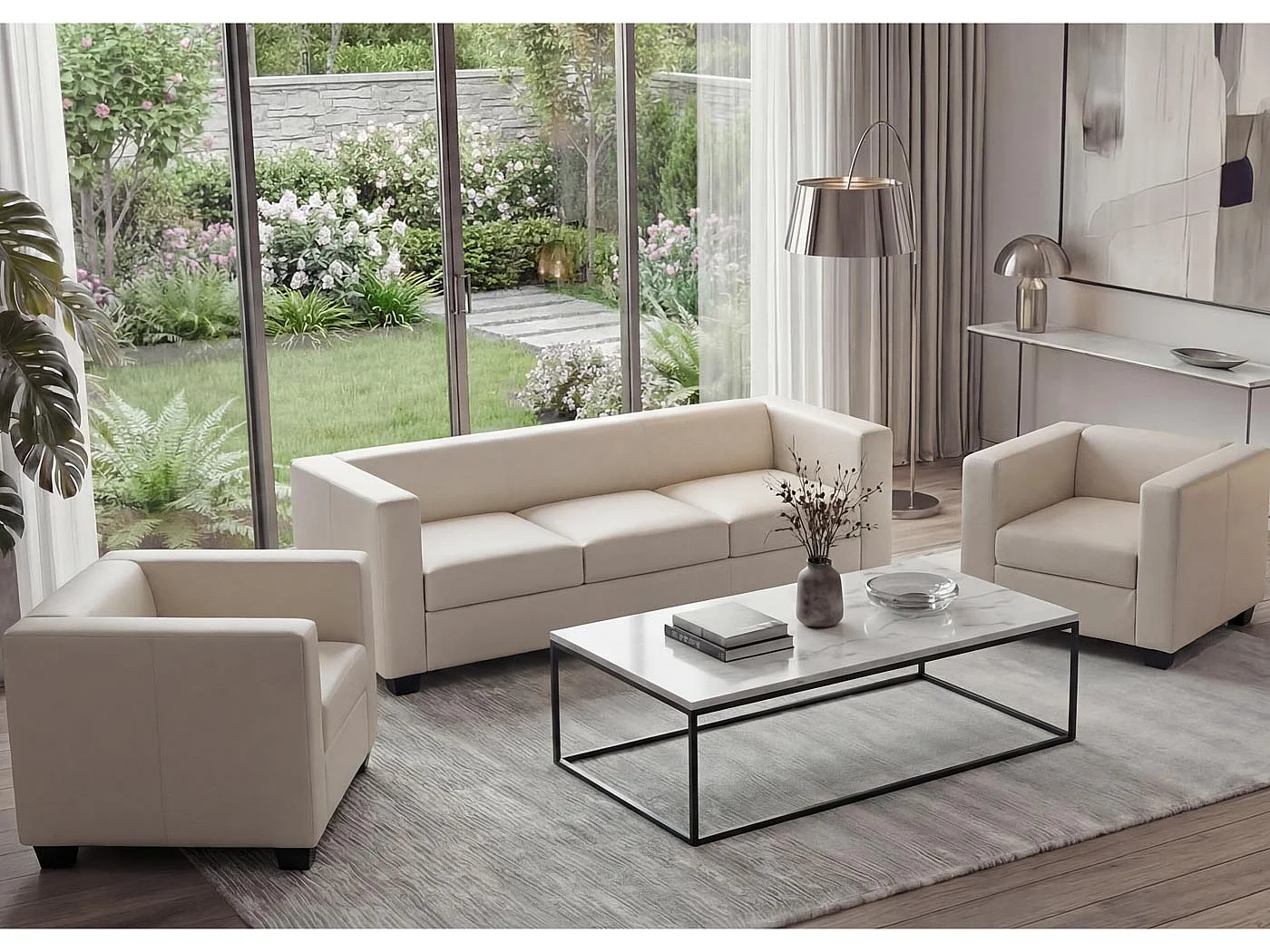 Zestaw wypoczynkowy Lille (3-częściowy),  sztuczna skóra, kremowa