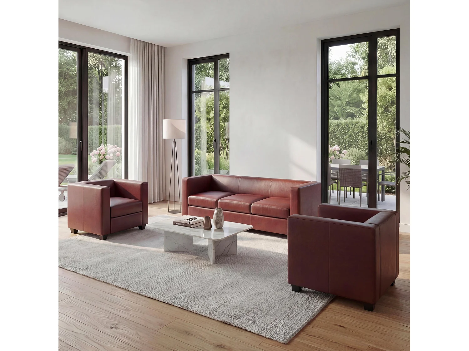 Zestaw wypoczynkowy Lille (3-częściowy),  sztuczna skóra, czerwono-brązowa