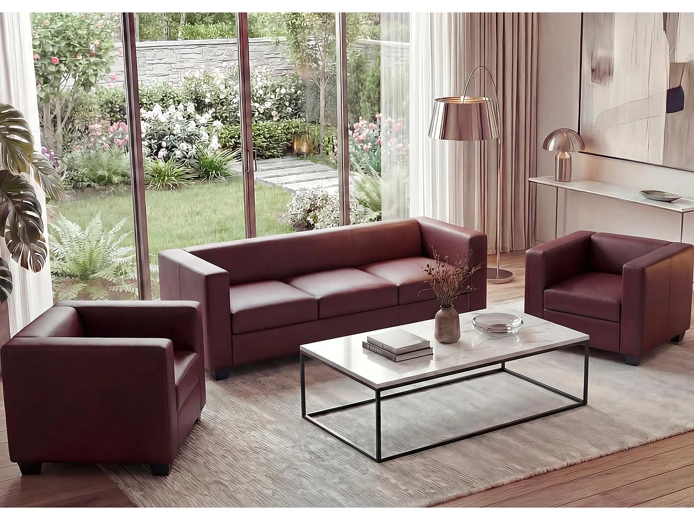 Zestaw wypoczynkowy Lille (3-częściowy),  sztuczna skóra, czerwono-brązowa