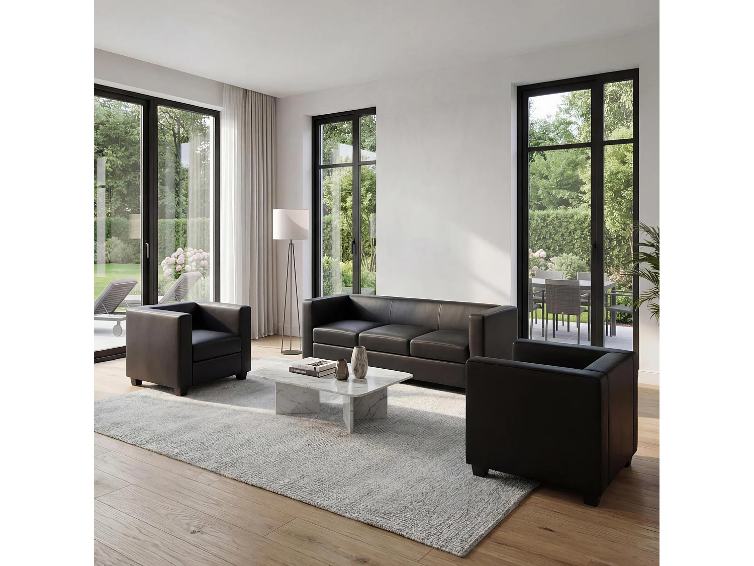 Salotto componibile lounge moderno elegante Lille M65 composizione 3-1-1 ~ecopelle nero