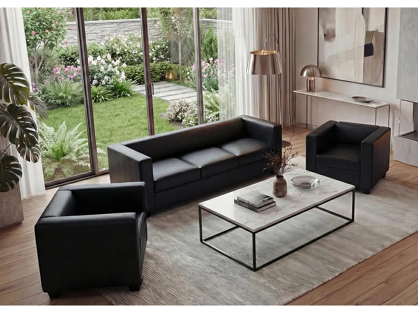 Salotto componibile lounge moderno elegante Lille M65 composizione 3-1-1 ~ecopelle nero