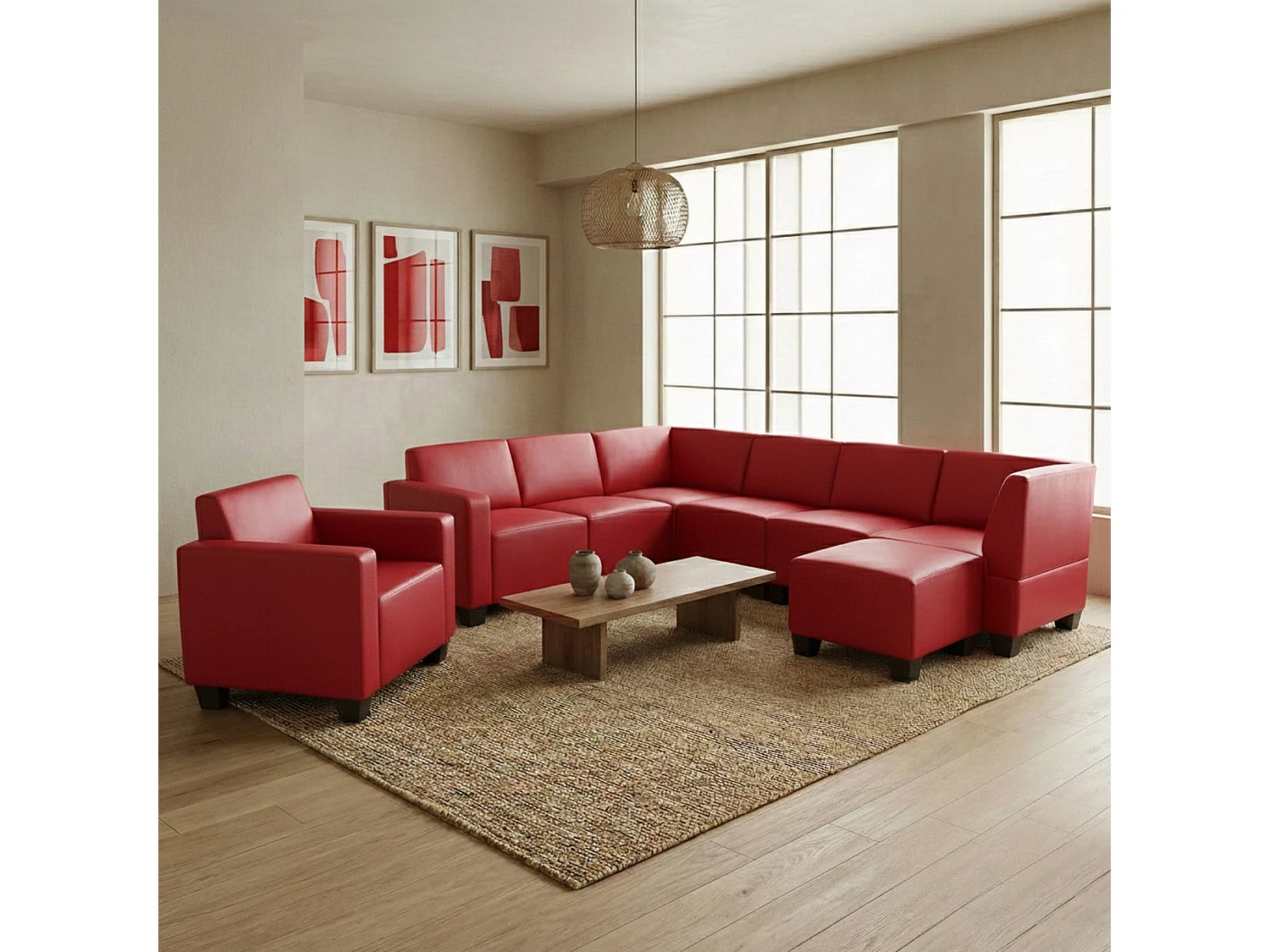 Salotto modulare componibile lounge moderno Lione N71 ecopelle combinazione 6-1-1 rosso