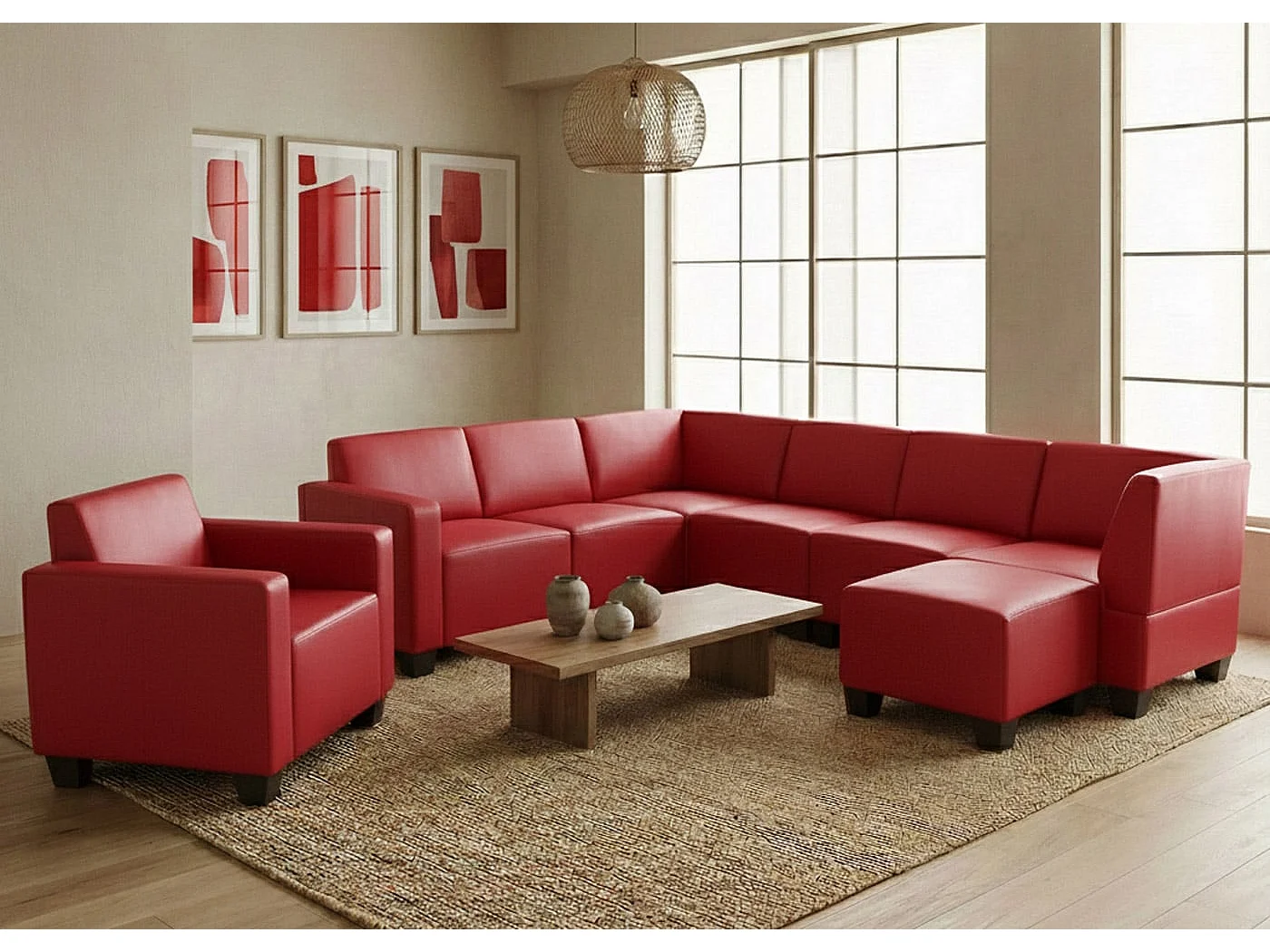 Salotto modulare componibile lounge moderno Lione N71 ecopelle combinazione 6-1-1 rosso