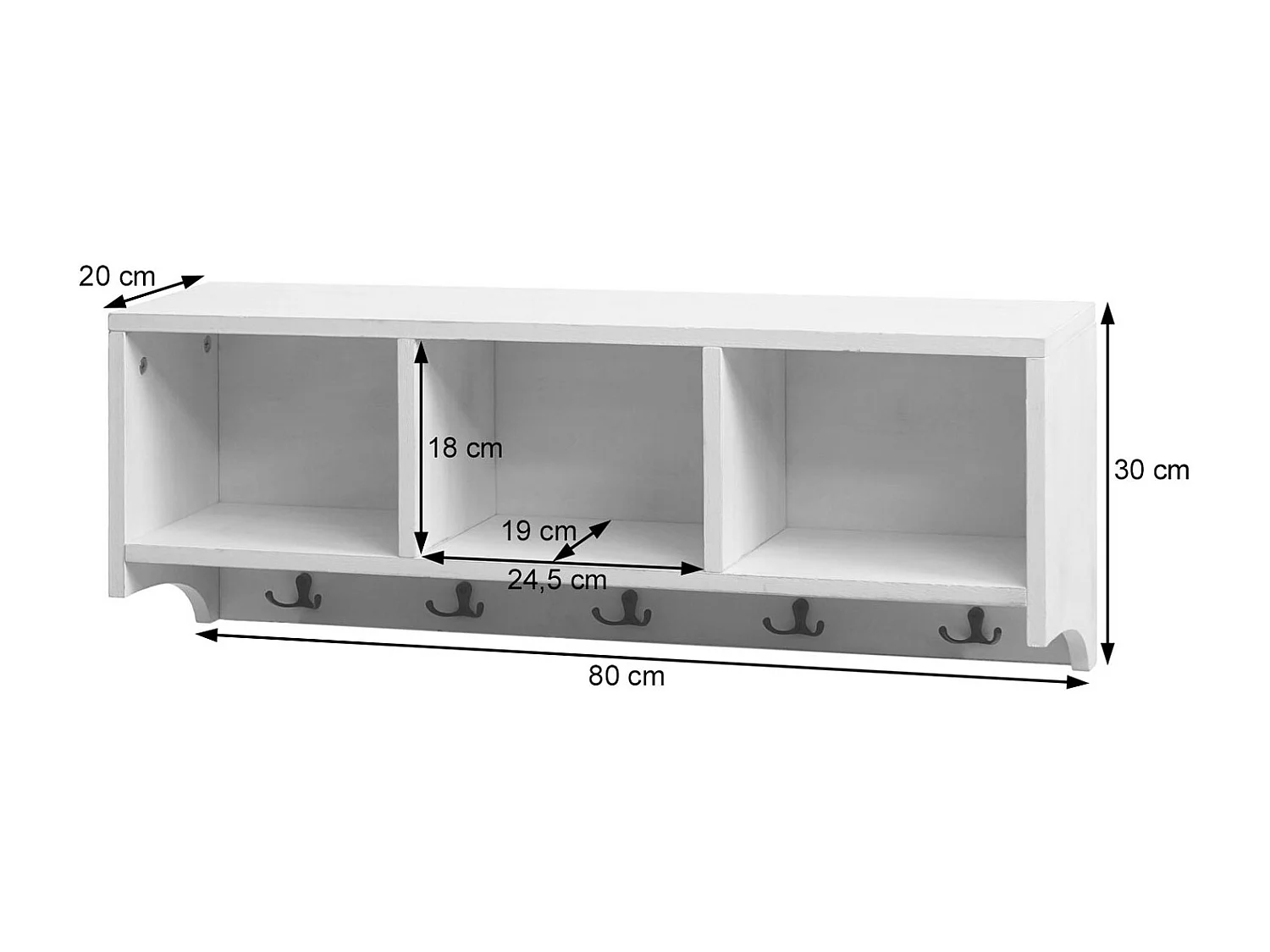 Mensola attaccapanni pensile MCW-K49 MDF da legno paulonia 30x80x20cm bianco shabby