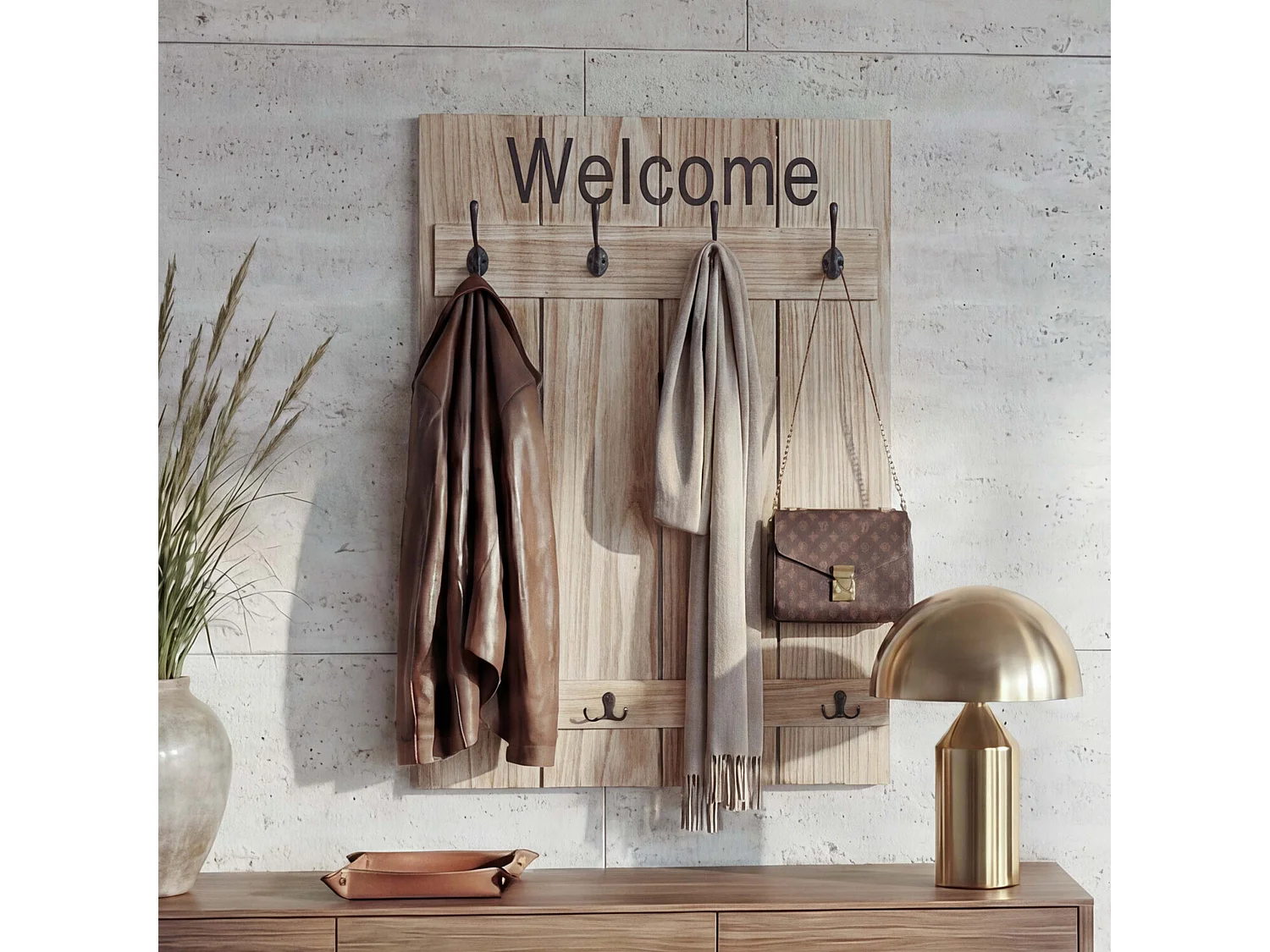 Perchero de pared MCW-C89 Welcome Shabby,  marrón natural