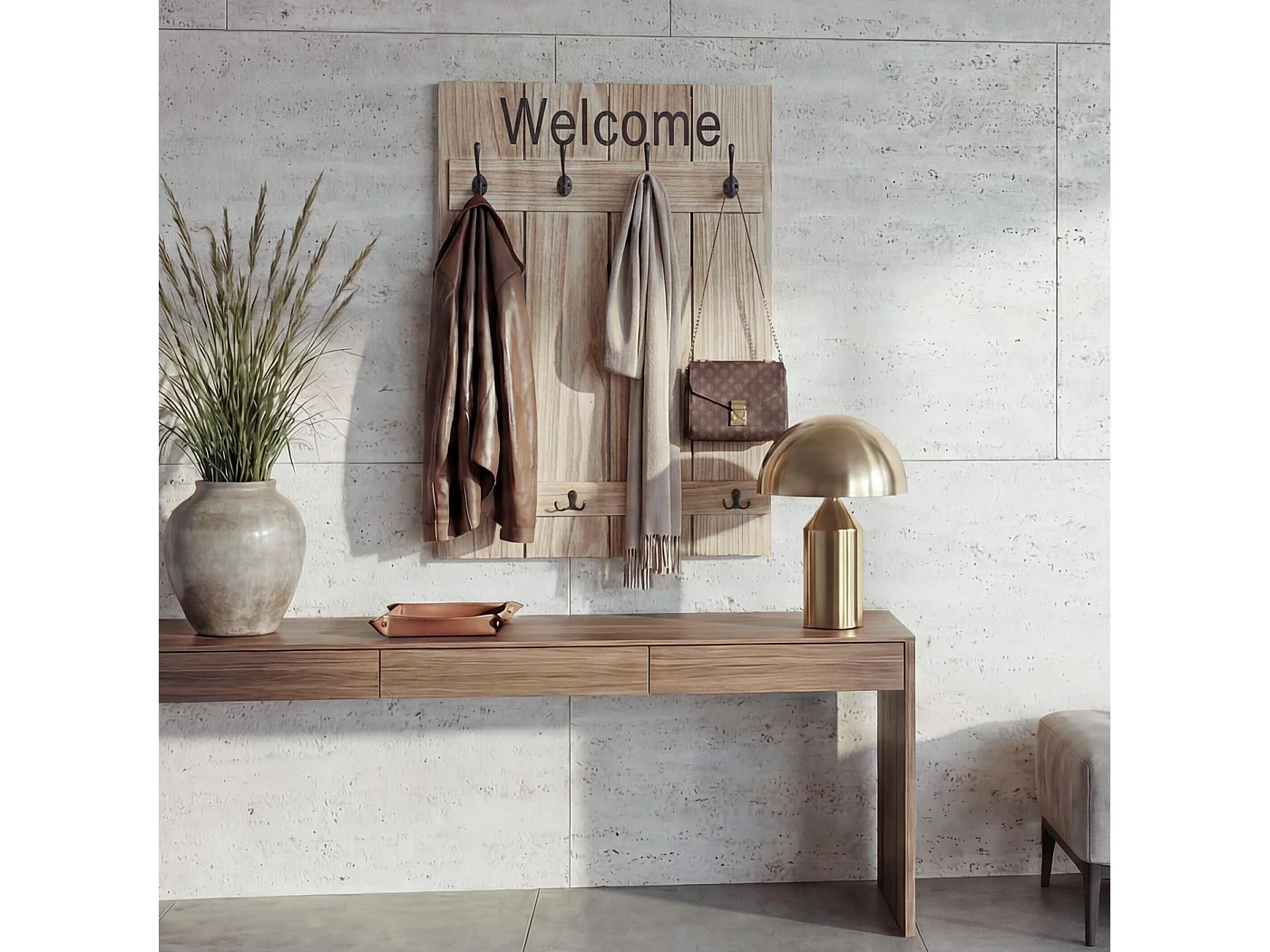 Perchero de pared MCW-C89 Welcome Shabby,  marrón natural