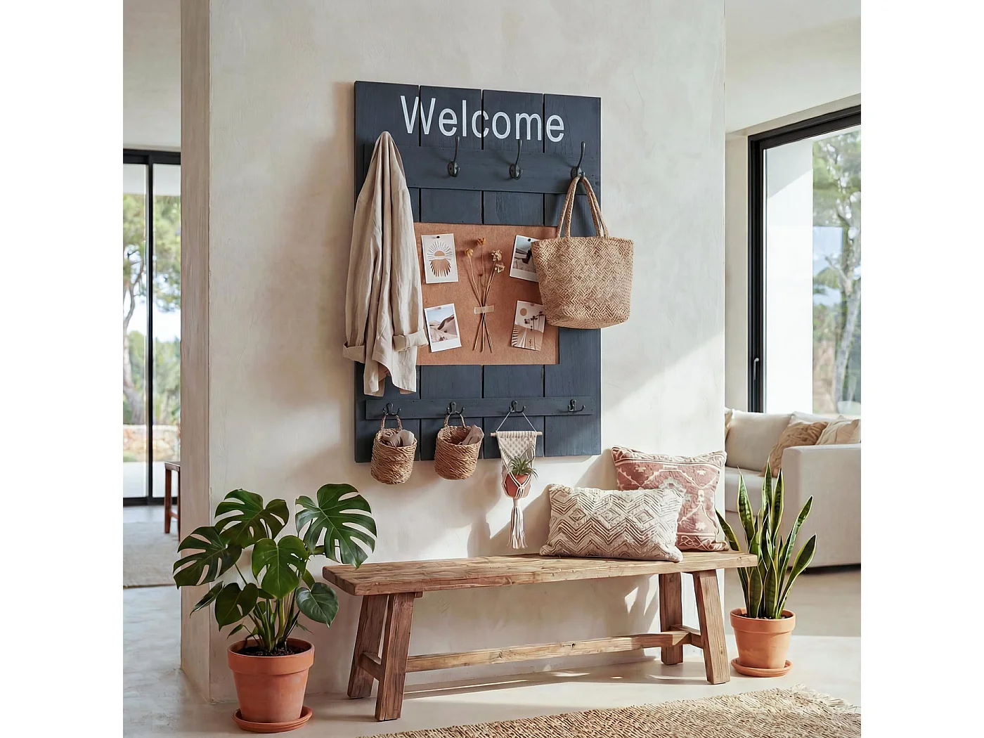 Wieszak ścienny MCW-C89 z tablicą korkową,  ciemnoszary, shabby chic