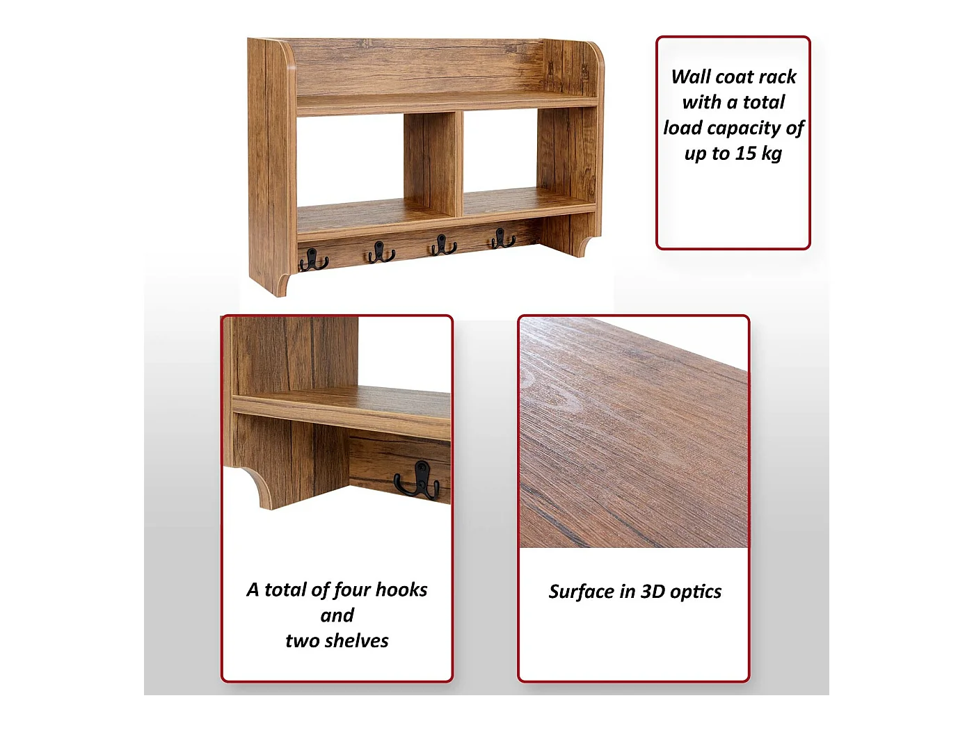 Portemanteau mural MCW-C68,  aspect chêne sauvage