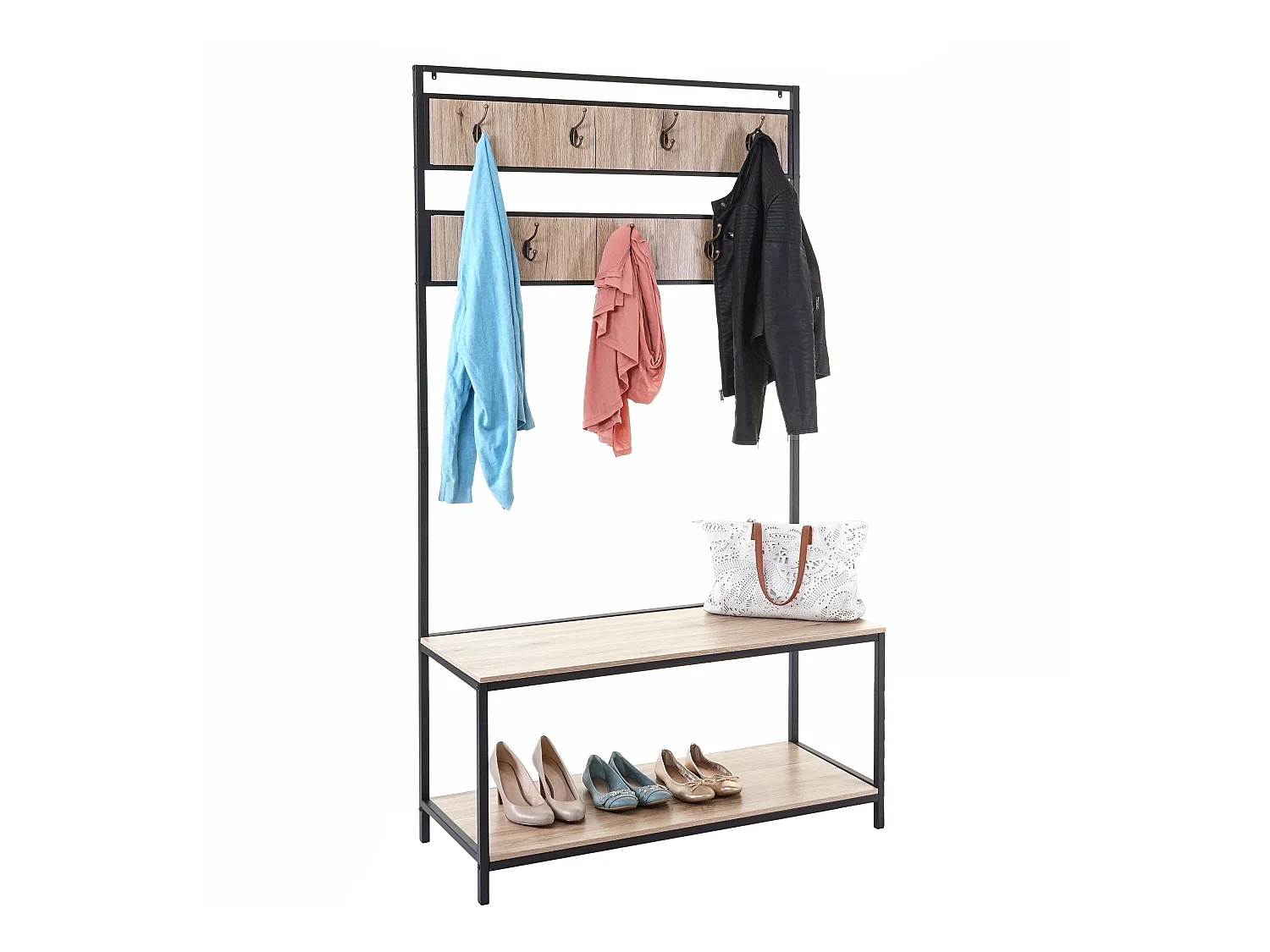 Appendiabiti guardaroba panca MCW-D44 legno metallo con ripiani 41x102x184cm