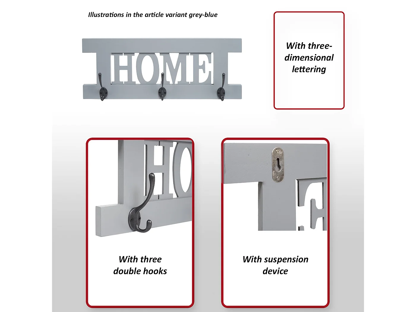 Portemanteau mural MCW-C60 Home look shabby,  gris shabby