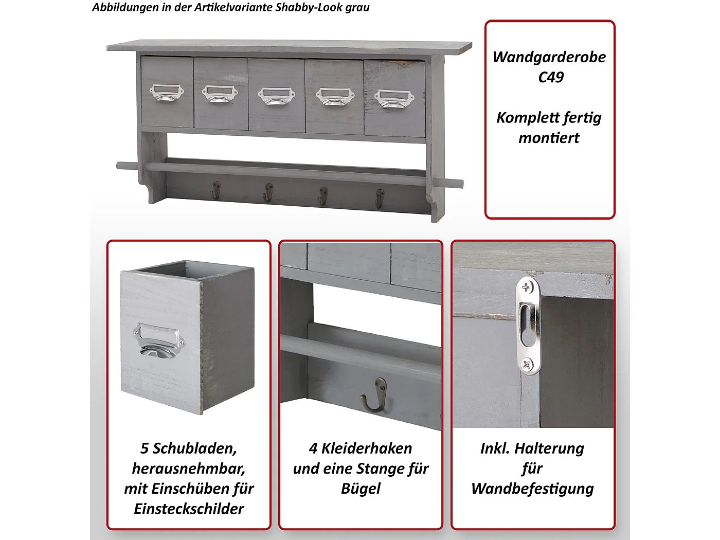 Guardarropa MCW-C49,  aspecto shabby, gris