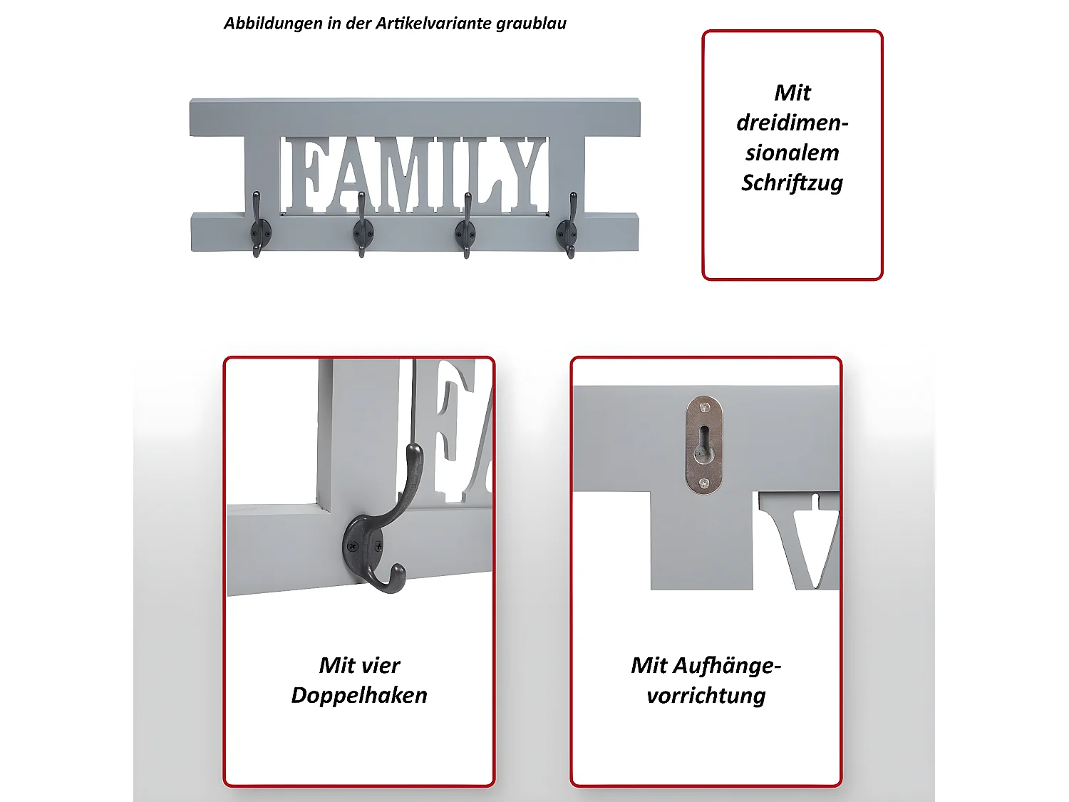 Wandkapstok MCW-C60 Family Shabby-look,  natuurlijk bruin
