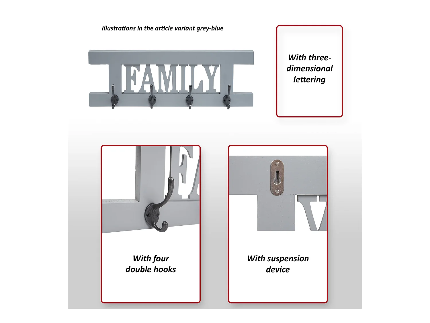 Wandkapstok MCW-C60 Family Shabby-look,  grijs, shabby