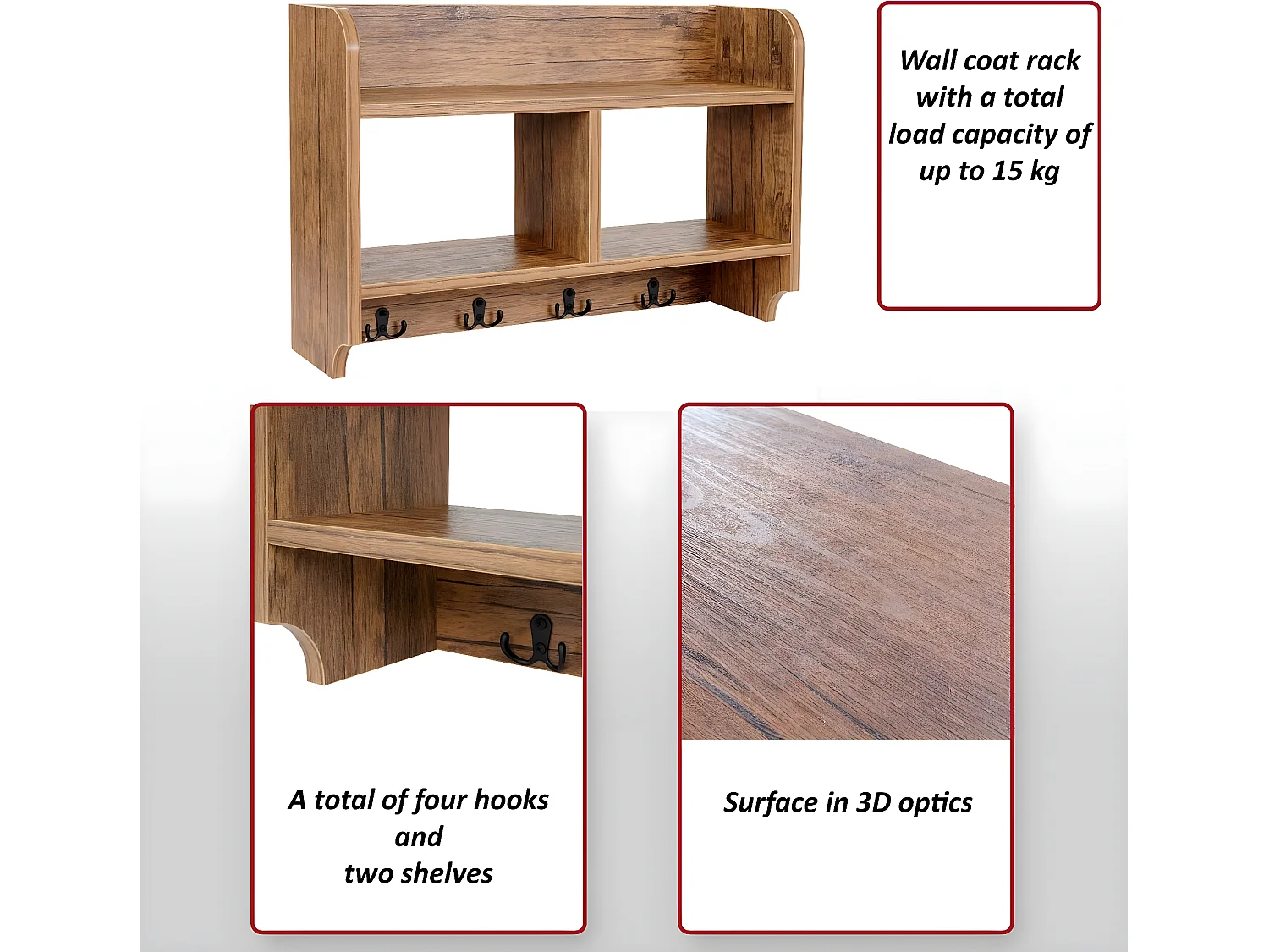 Portemanteau mural MCW-C68,  chêne