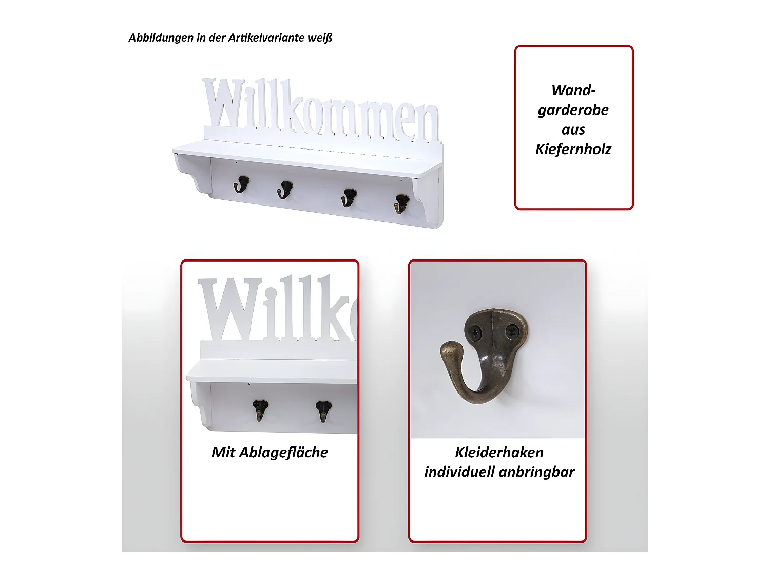 Portemanteau mural MCW-D41 Bienvenue 4 crochets,  noir/blanc