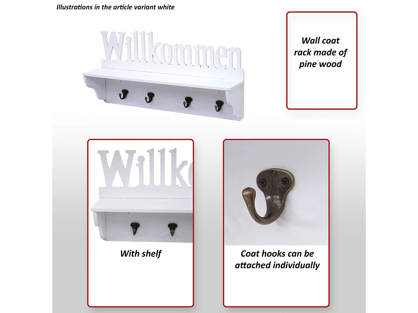 Portemanteau mural MCW-D41 Bienvenue 4 crochets,  noir/blanc