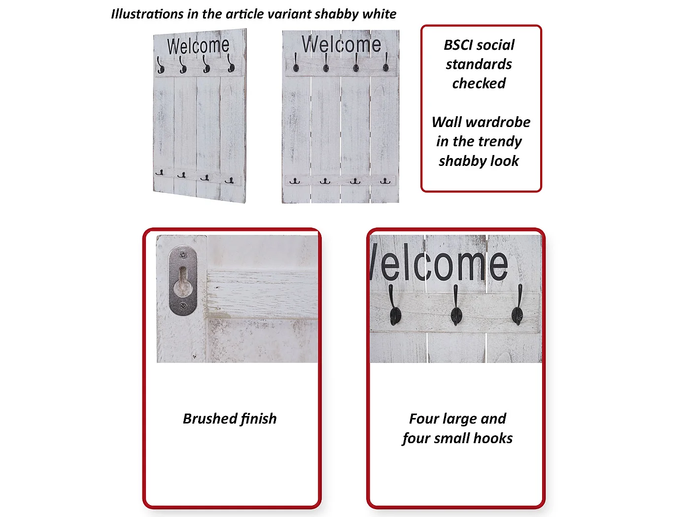 Perchero de pared MCW-C89 Welcome Shabby,  blanco, shabby