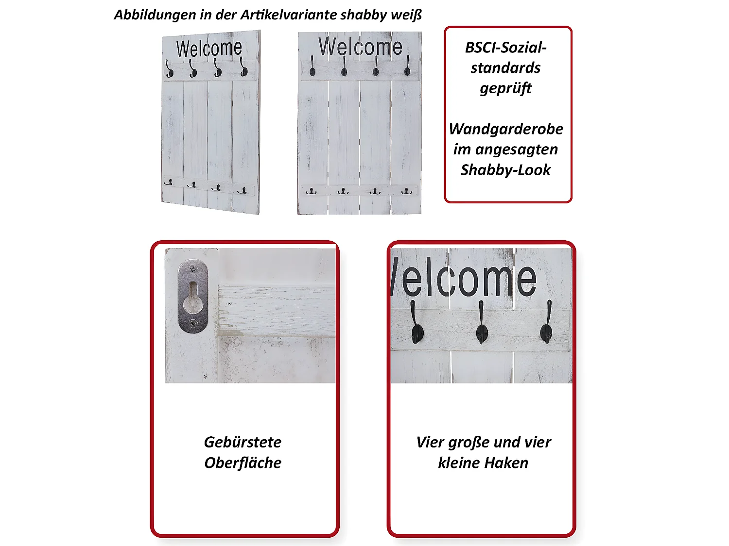 Portemanteau mural MCW-C89 Welcome Shabby,  blanc