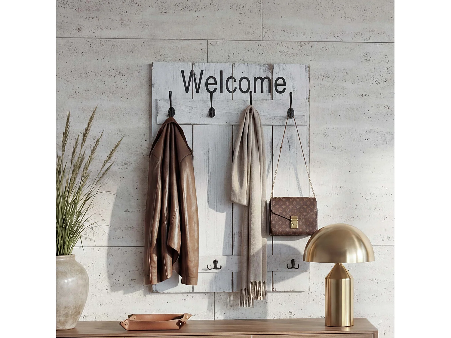 Wandkapstok MCW-C89 Welcome Shabby,  wit, shabby