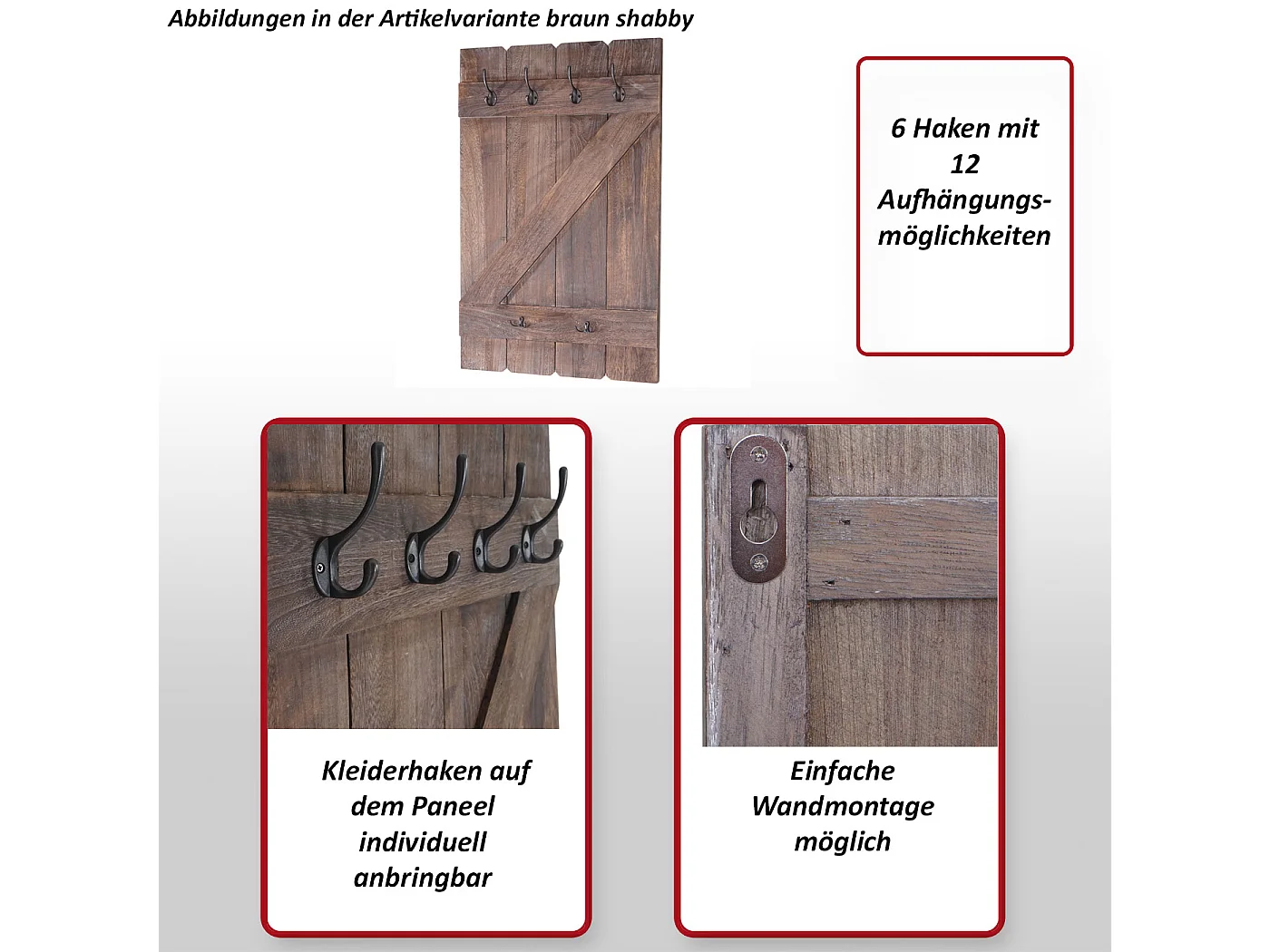 Wandkapstok MCW-D13,  donkergrijs shabby
