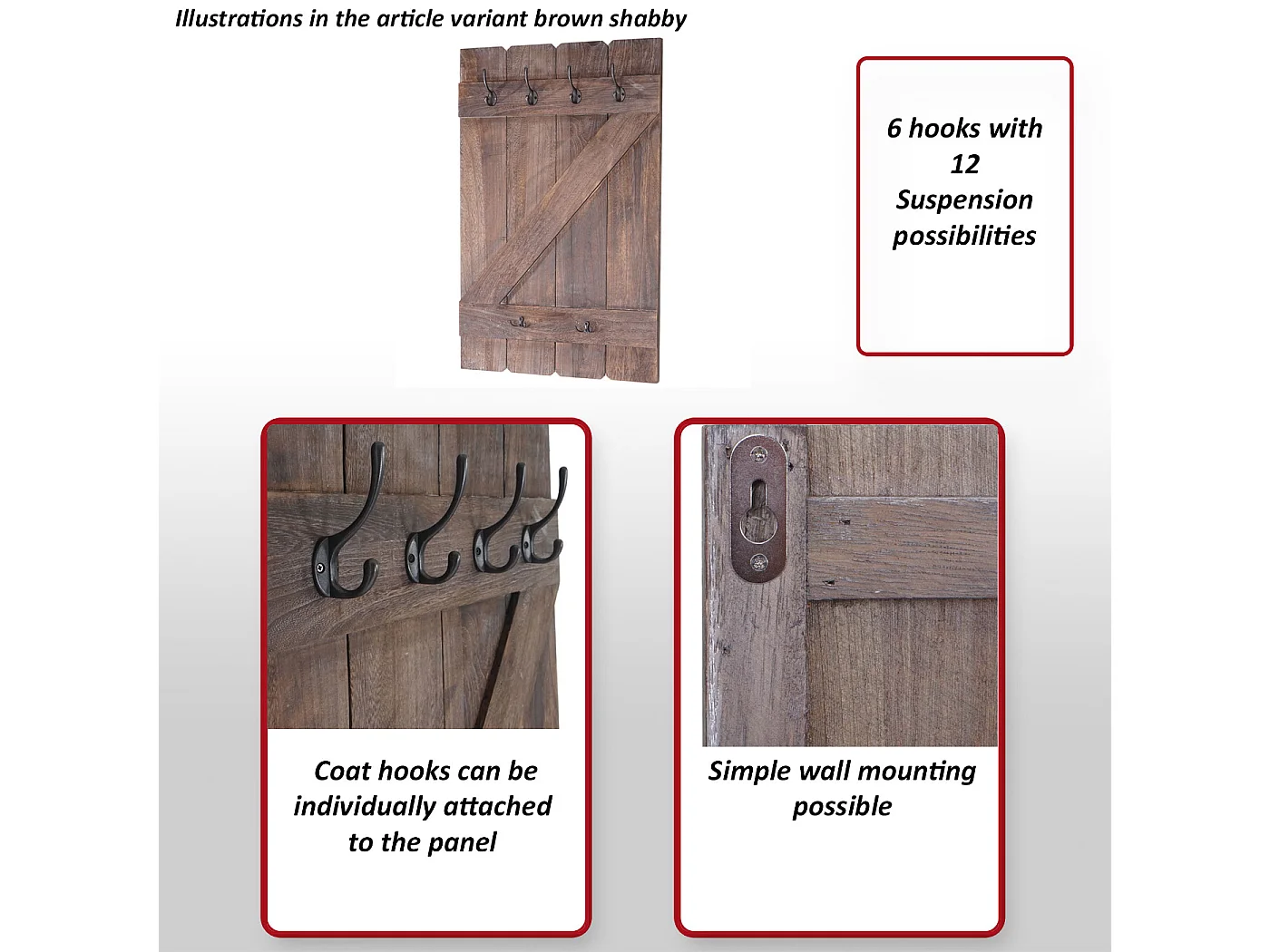 Wandkapstok MCW-D13,  donkergrijs shabby