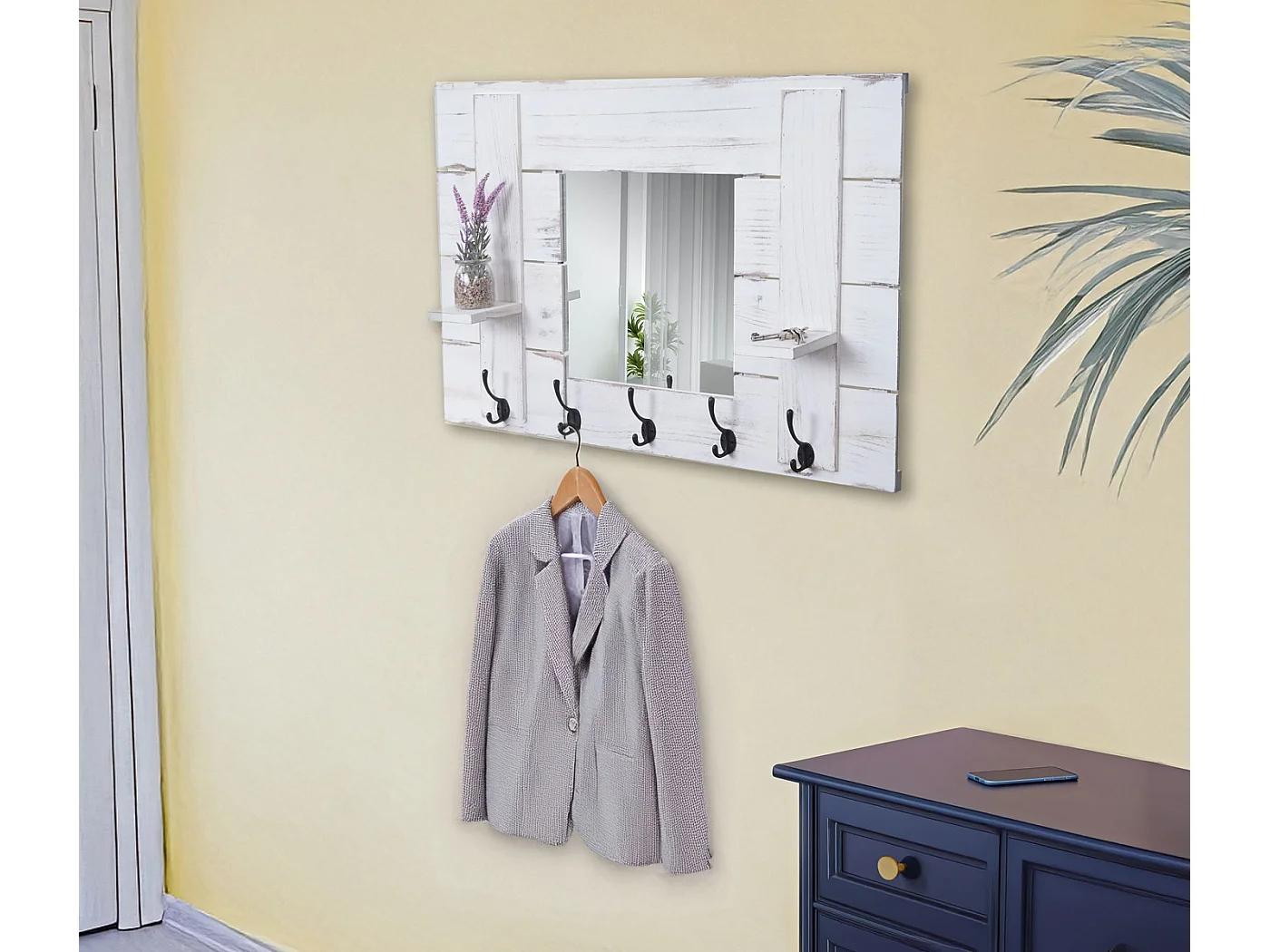 Wandkapstok MCW-C89 met spiegel,  natuurlijk bruin