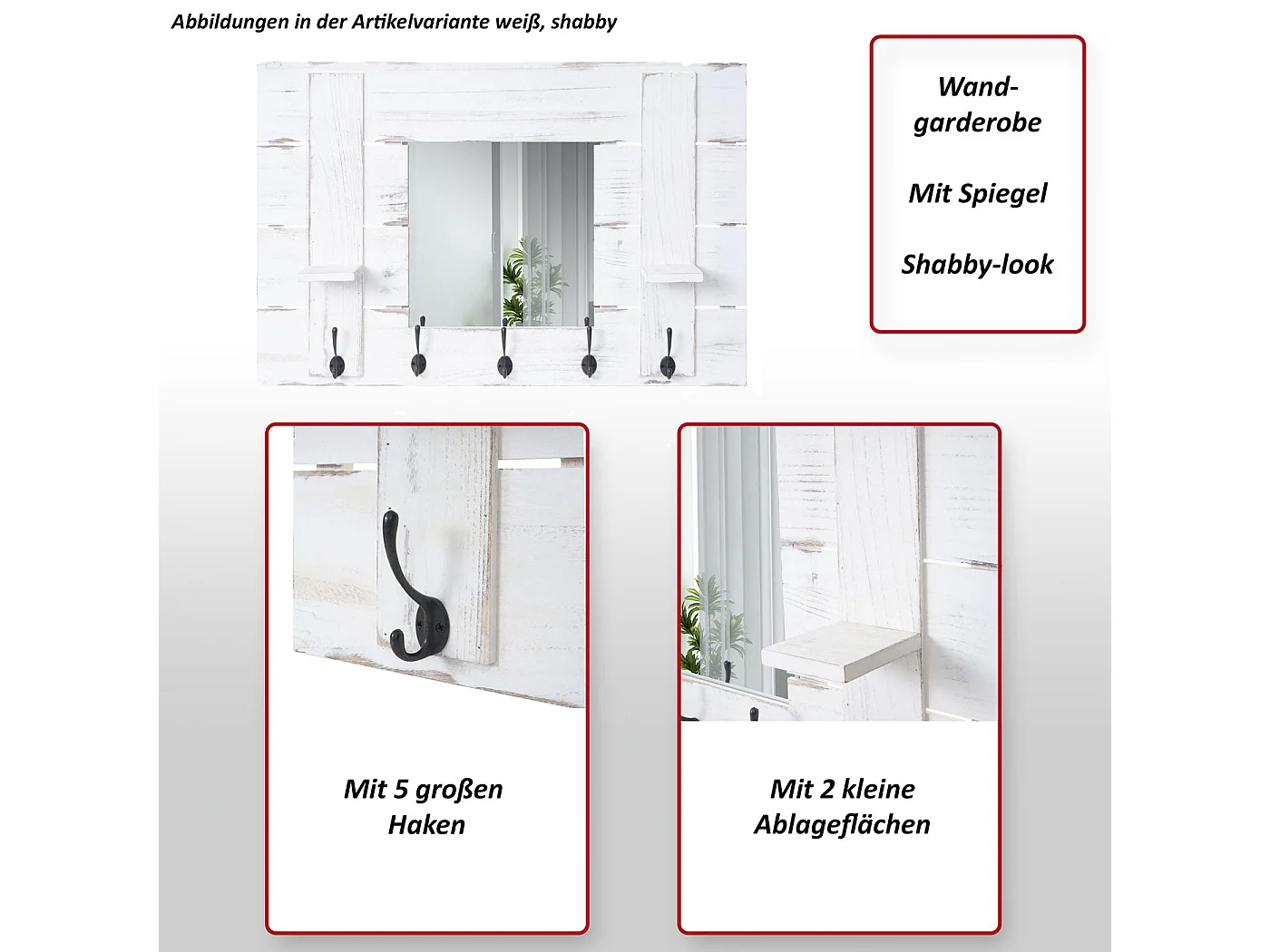 Wandgarderobe MCW-C89 met spiegel,  naturelbruin