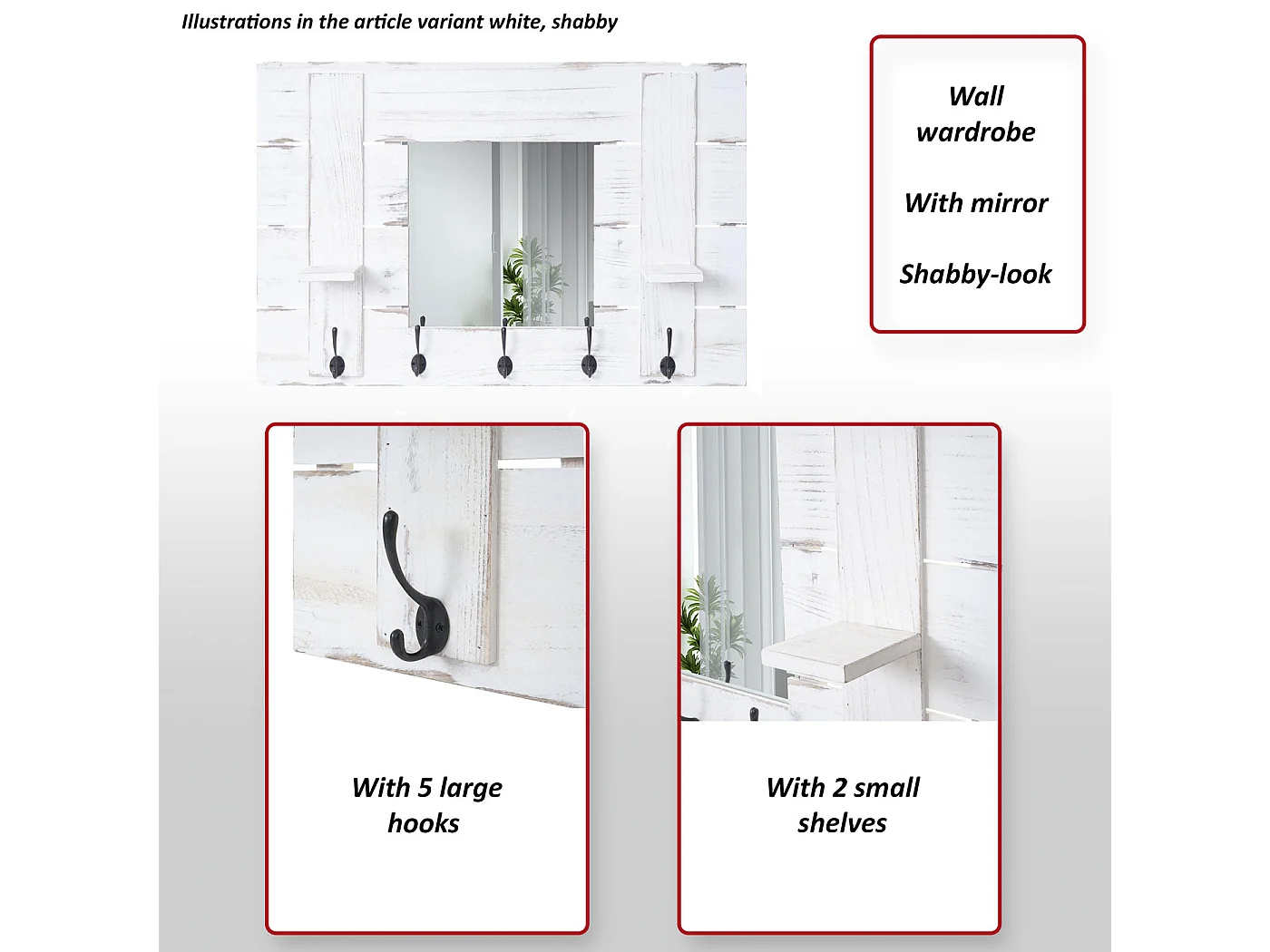 Wandgarderobe MCW-C89 met spiegel,  naturelbruin