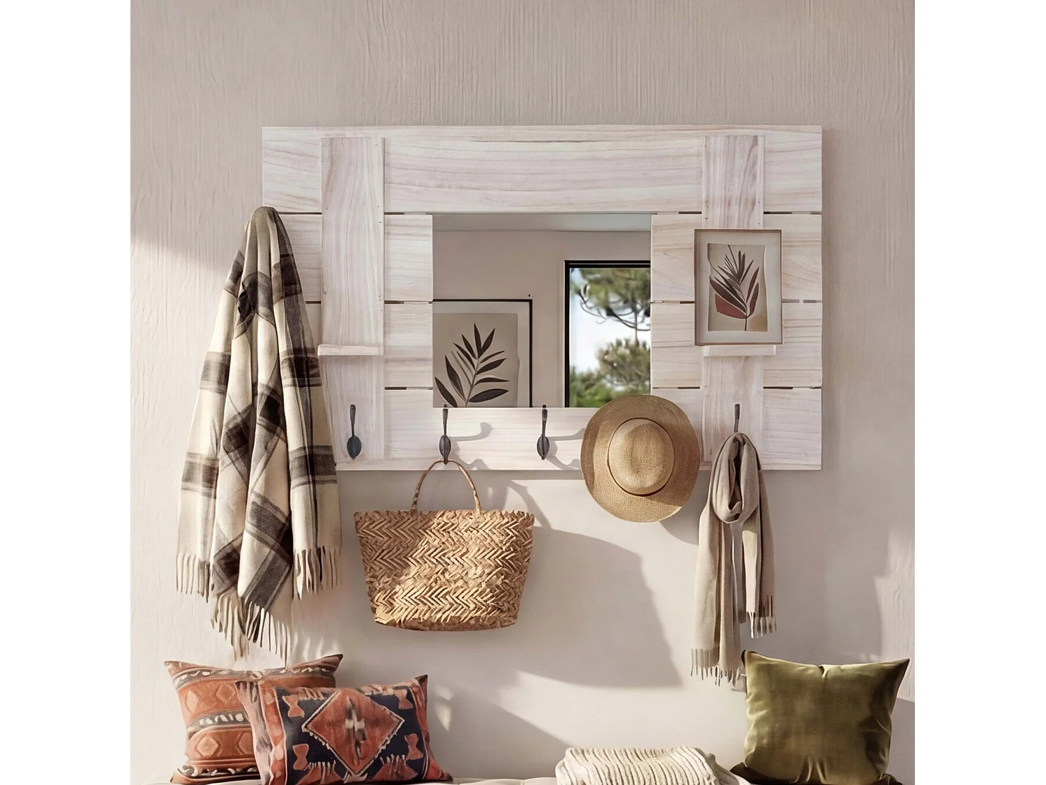 Wandgarderobe MCW-C89 met spiegel,  naturelbruin