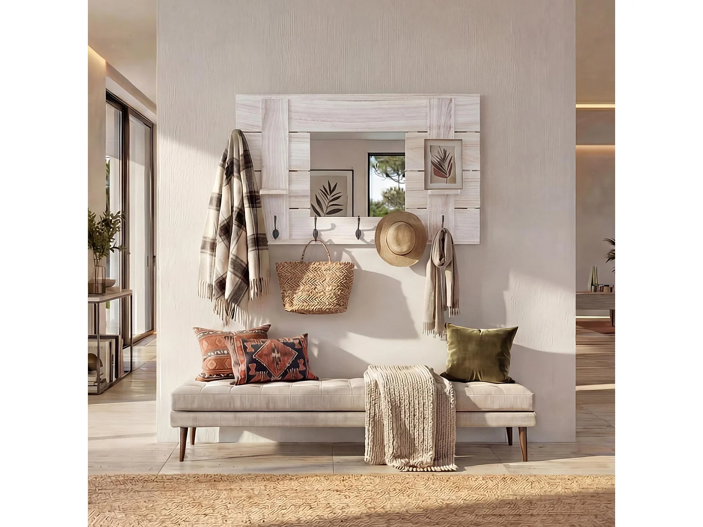 Wandgarderobe MCW-C89 met spiegel,  naturelbruin