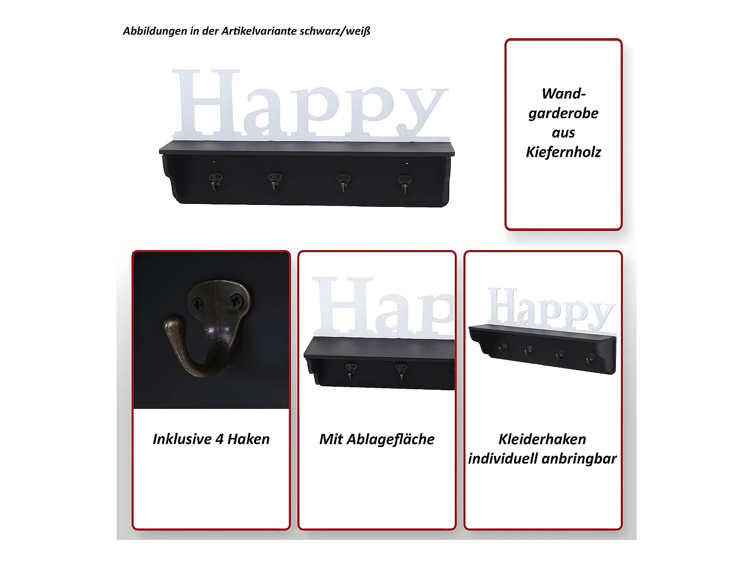 Wandkapstok MCW-D41 Happy 4 haken,  wit