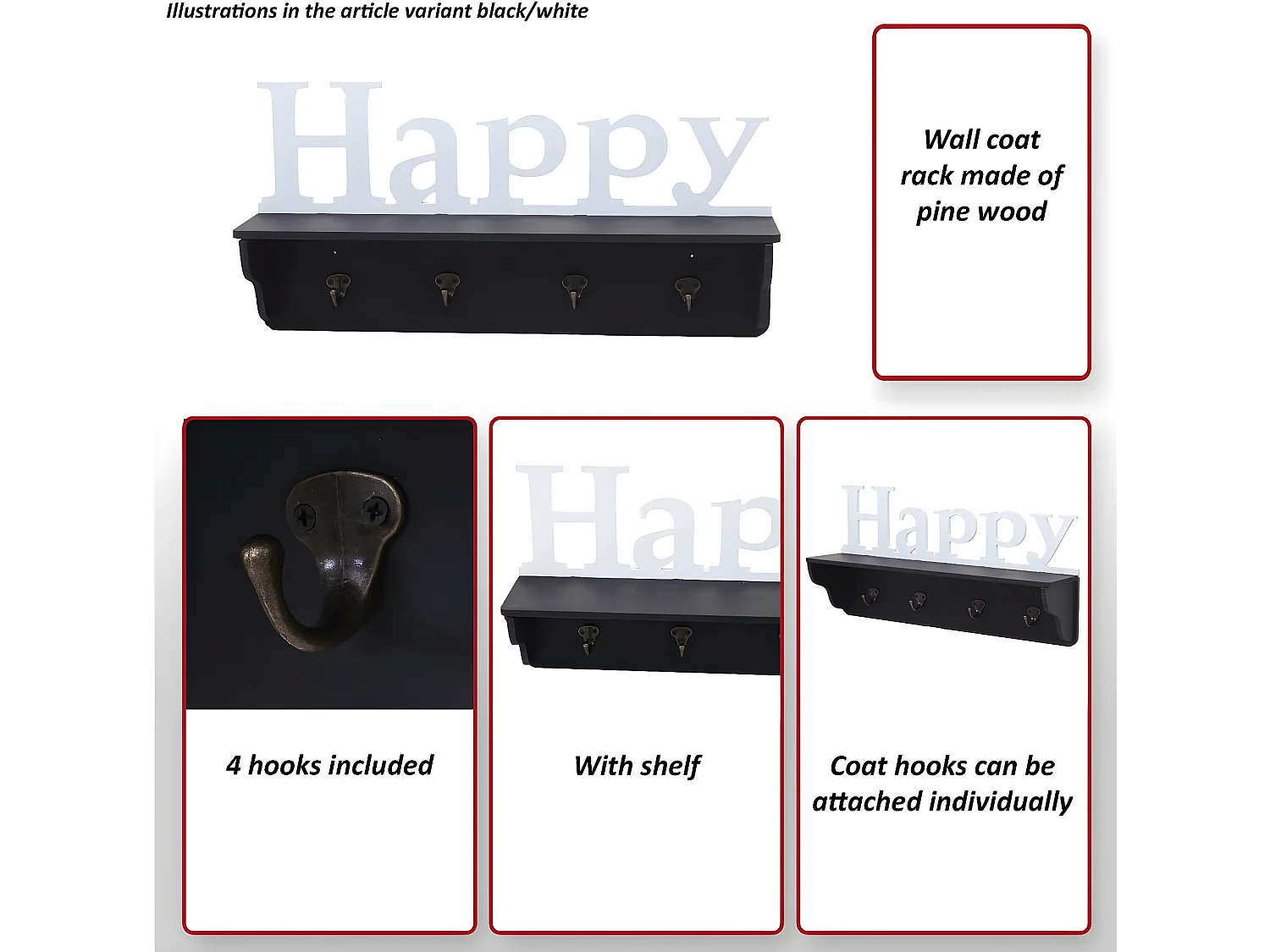 Wandkapstok MCW-D41 Happy 4 haken,  wit