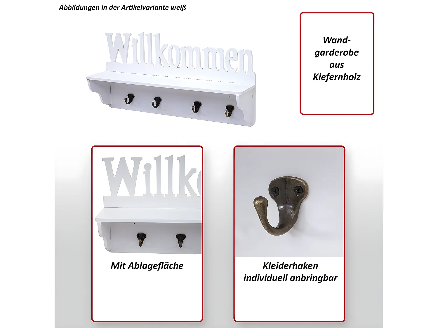 Portemanteau mural MCW-D41 Bienvenue 4 crochets,  blanc