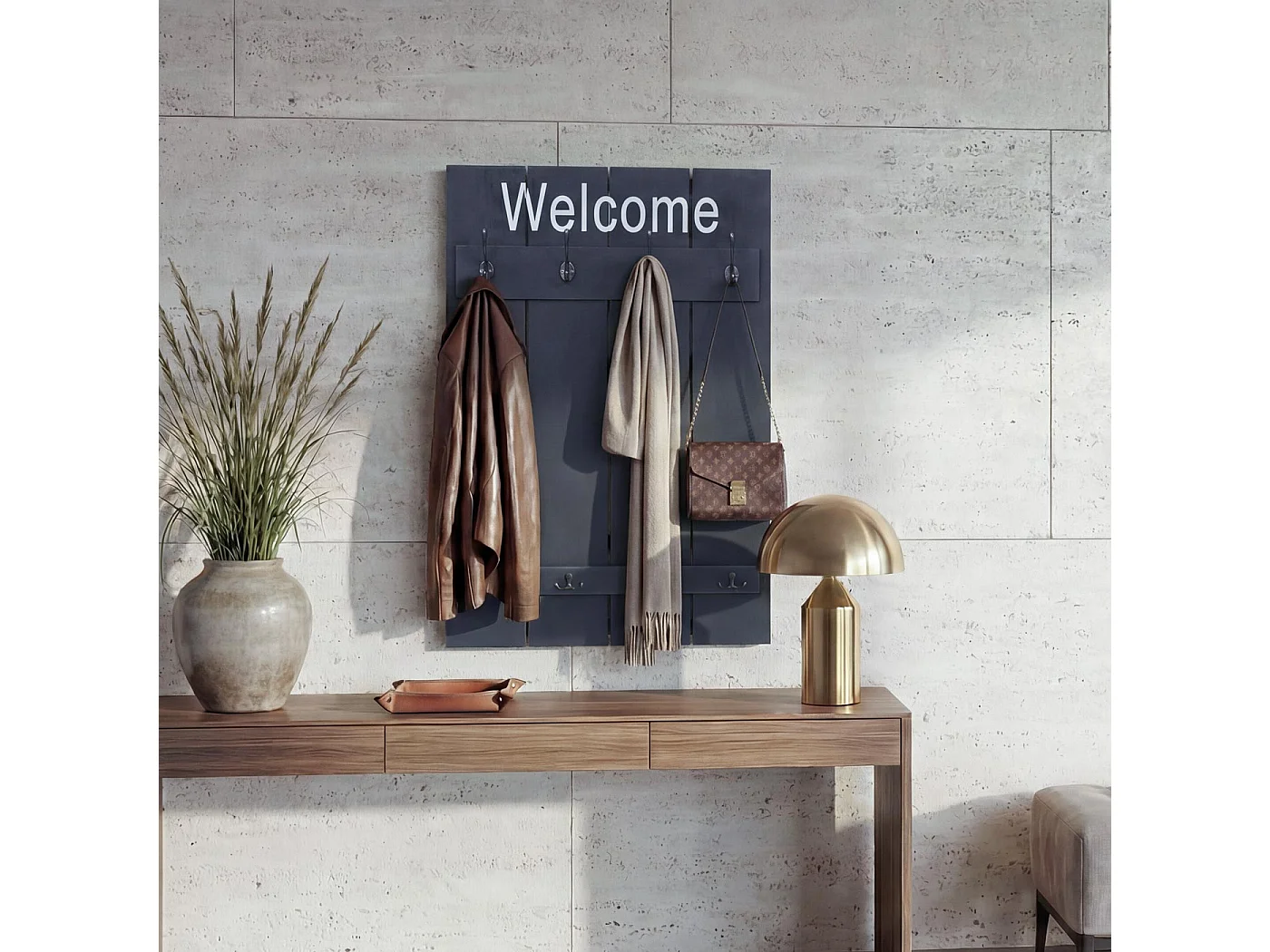 Wieszak ścienny MCW-C89 Welcome Shabby,  ciemnoszary, shabby