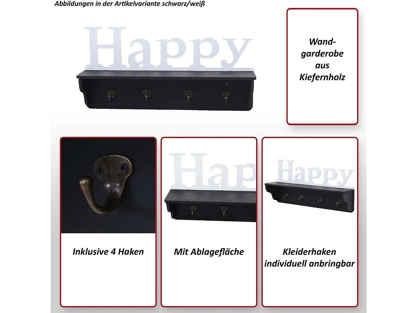 Wandkapstok MCW-D41 Happy 4 haken,  zwart/wit