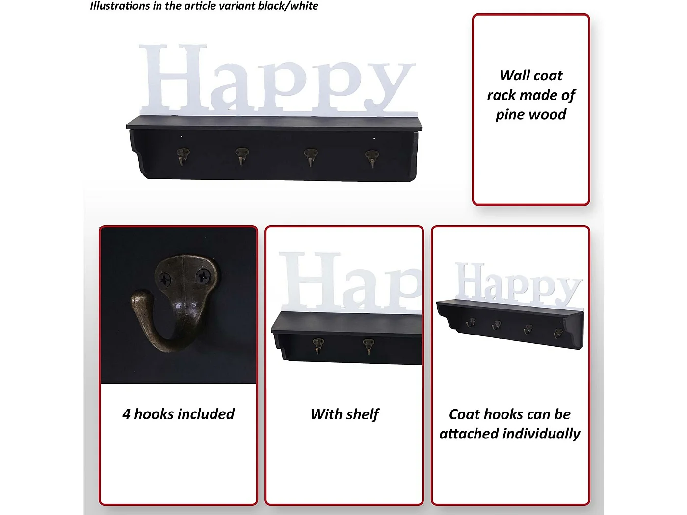 Wandkapstok MCW-D41 Happy 4 haken,  zwart/wit