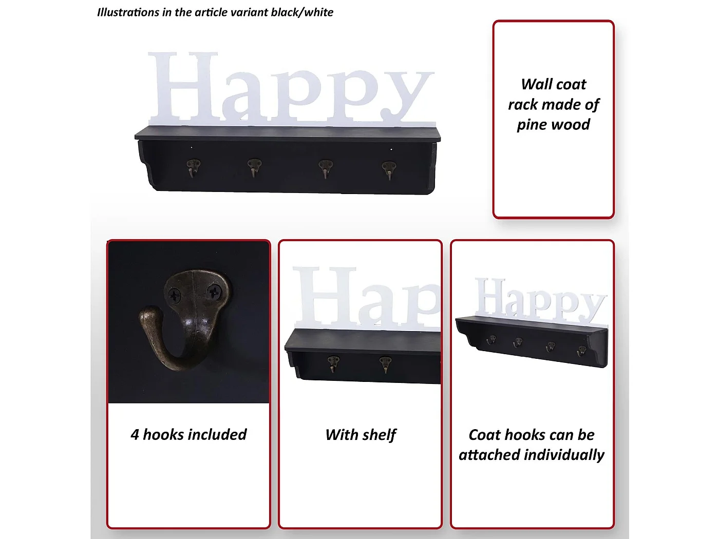 Wandkapstok MCW-D41 Happy 4 haken,  zwart/wit