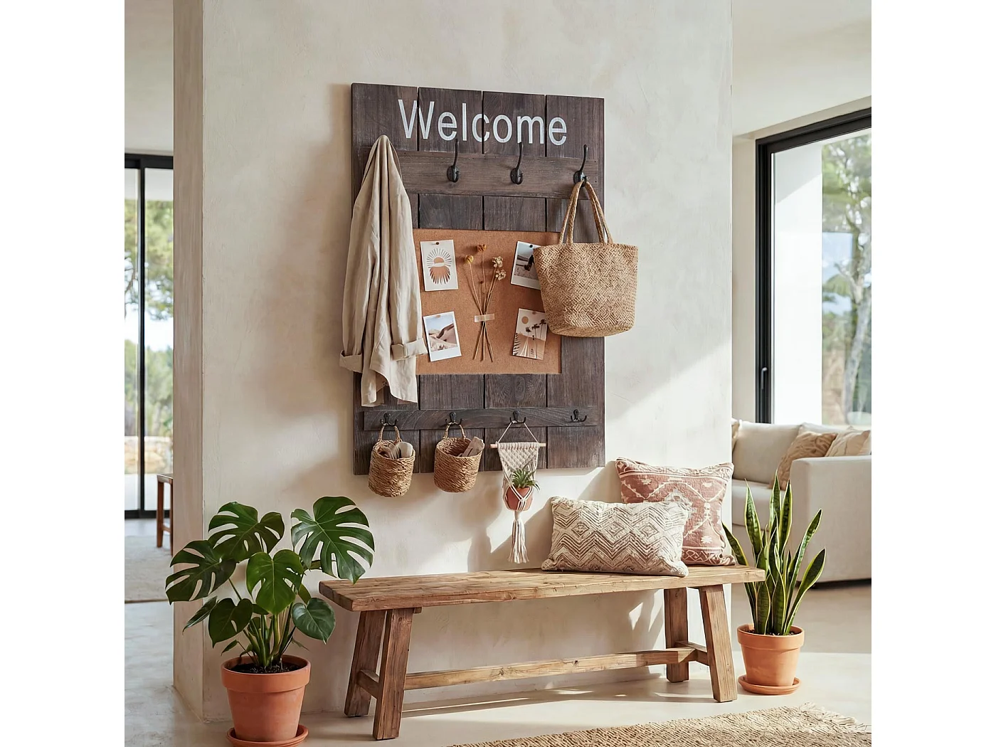 Wieszak ścienny MCW-C89 z tablicą korkową,  brązowy, shabby chic