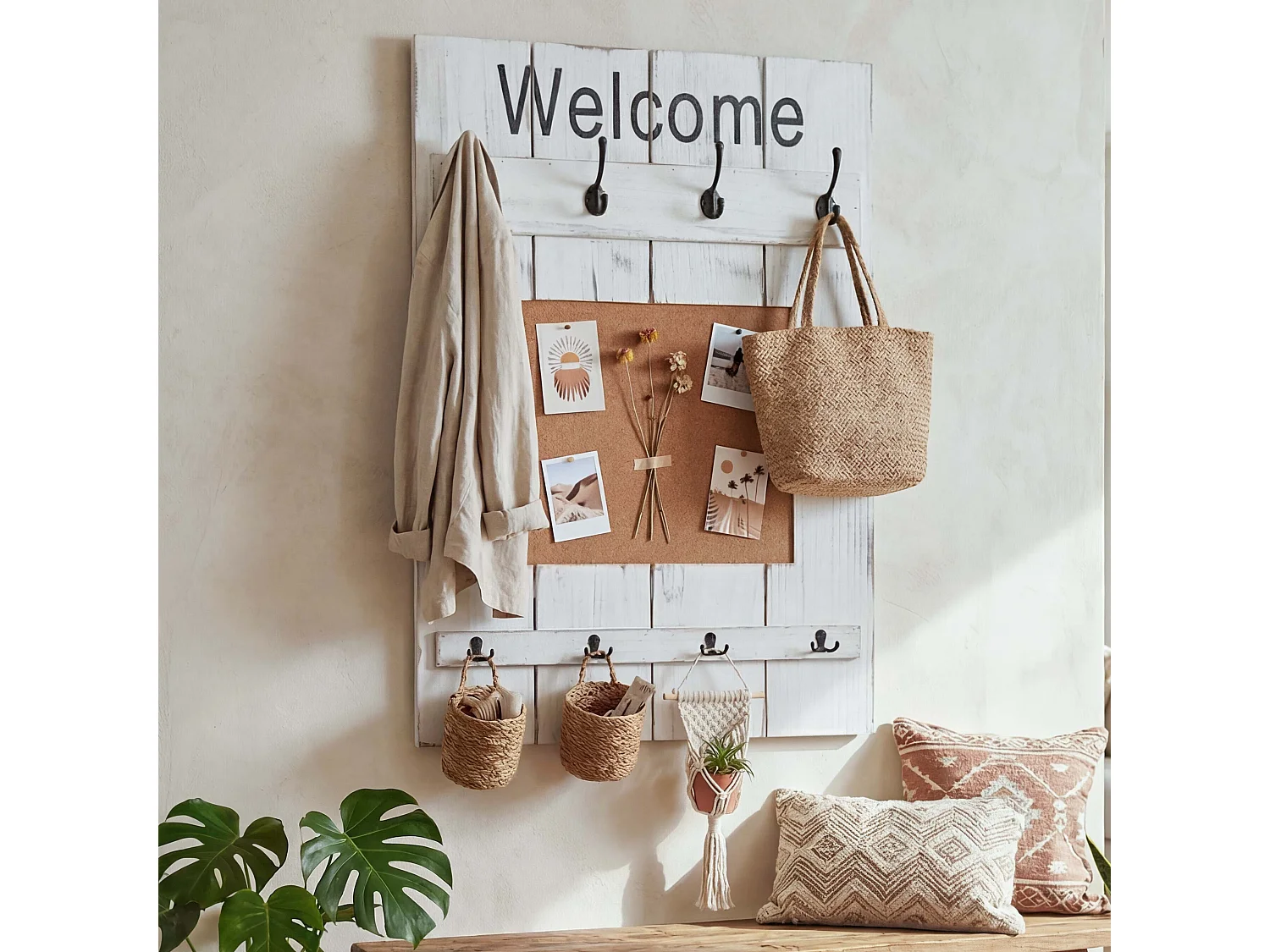 Portemanteau mural MCW-C89 avec tableau d'affichage,  blanc shabby