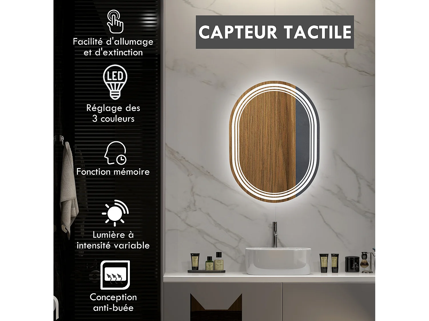 Miroir LED mural de salle de bain - 50L x 70H cm - luminosité réglable 3 couleurs - interrupteur tactile - système antibué