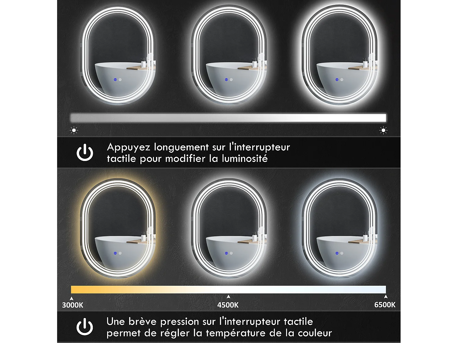 Miroir LED mural de salle de bain - 50L x 70H cm - luminosité réglable 3 couleurs - interrupteur tactile - système antibué