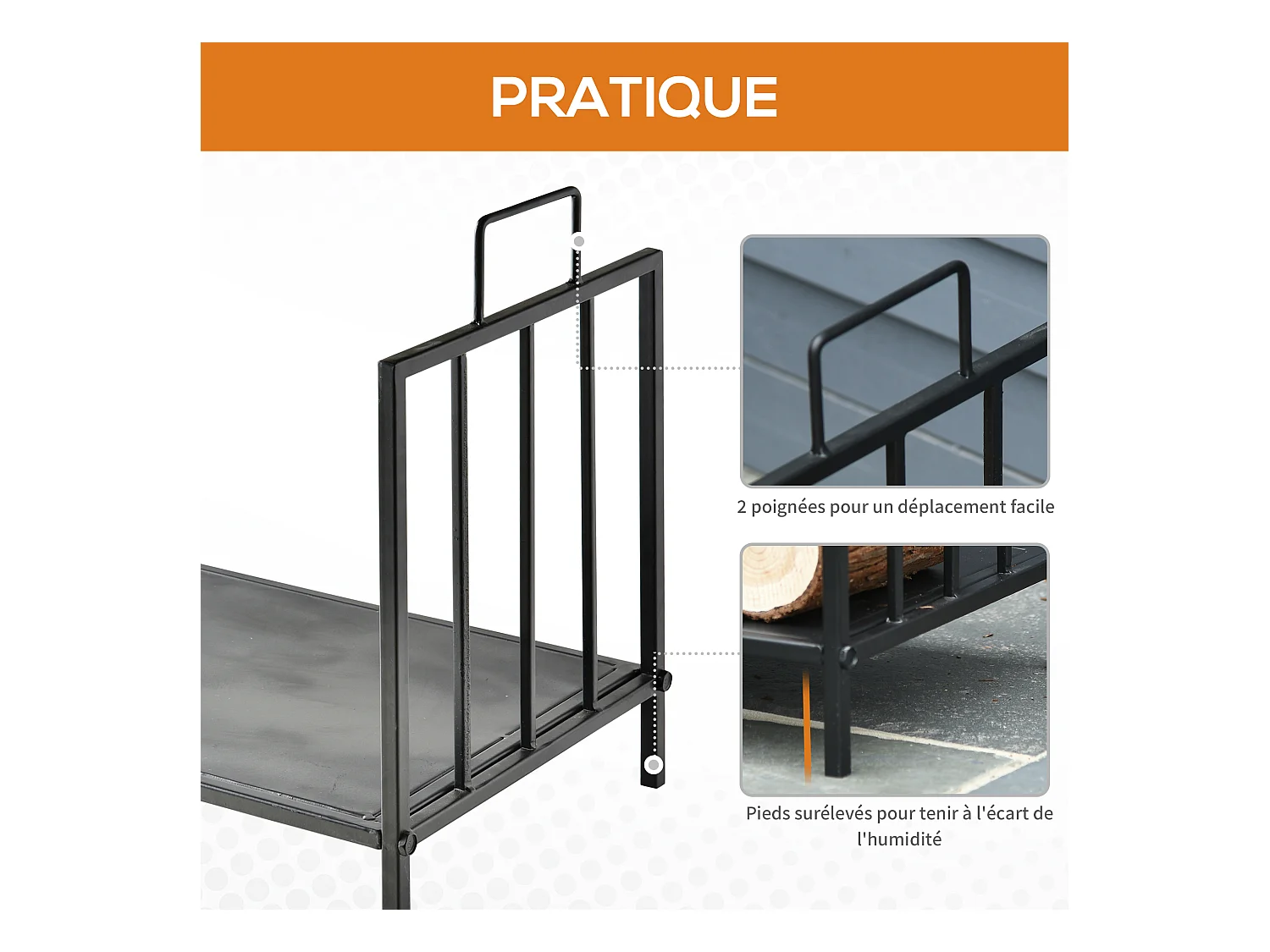 HOMCOM Etagère porte bois de cheminée porte-bûches charge max. 15 Kg dim. 44L x 33l x 46H cm métal époxy noir