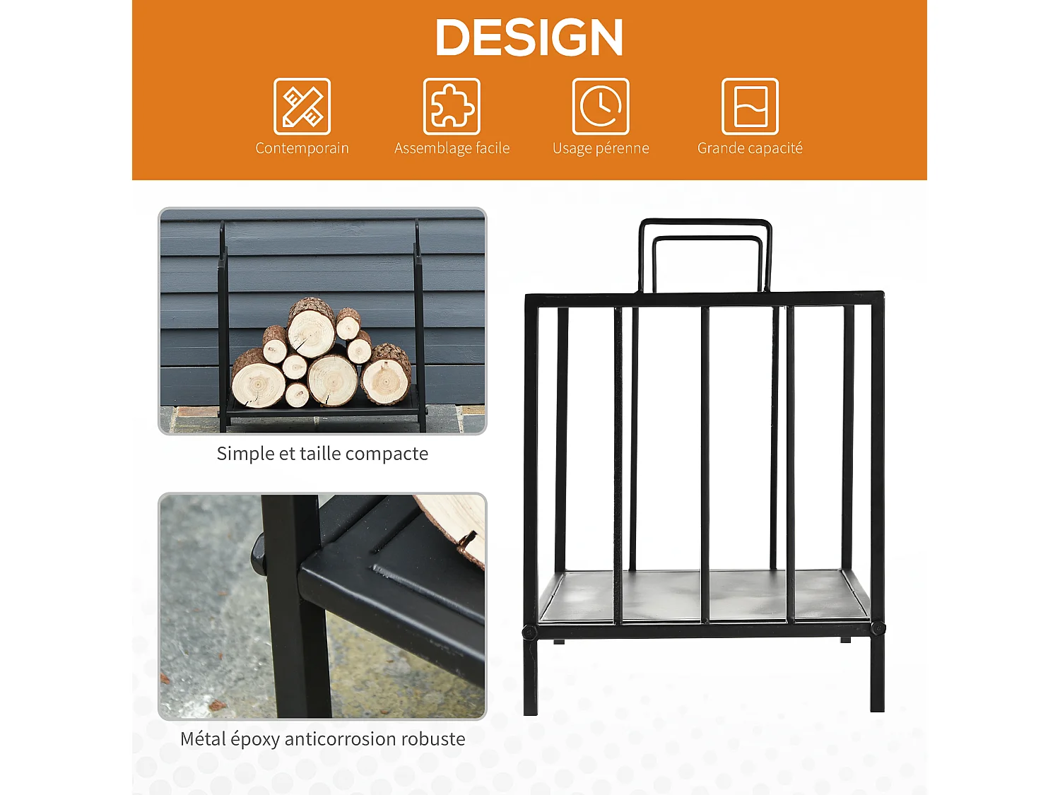 HOMCOM Etagère porte bois de cheminée porte-bûches charge max. 15 Kg dim. 44L x 33l x 46H cm métal époxy noir